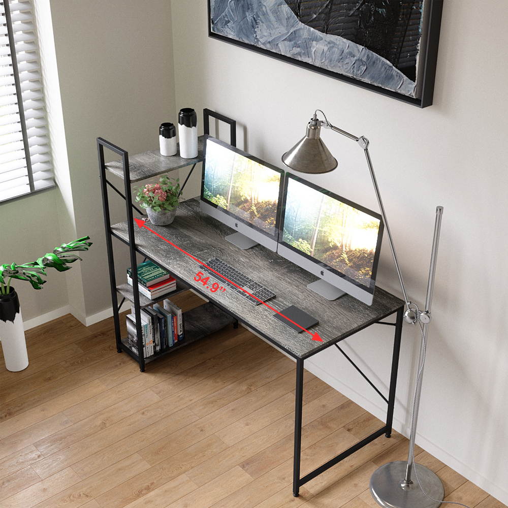 Bestier 63 Inch Computer Desk with Storage Shelves, Modern Bookshelf Desk with Headphone Hook Large Workstation Writing Desk with Reversible Bookshelves Home Office Work Table Study Desk Grey