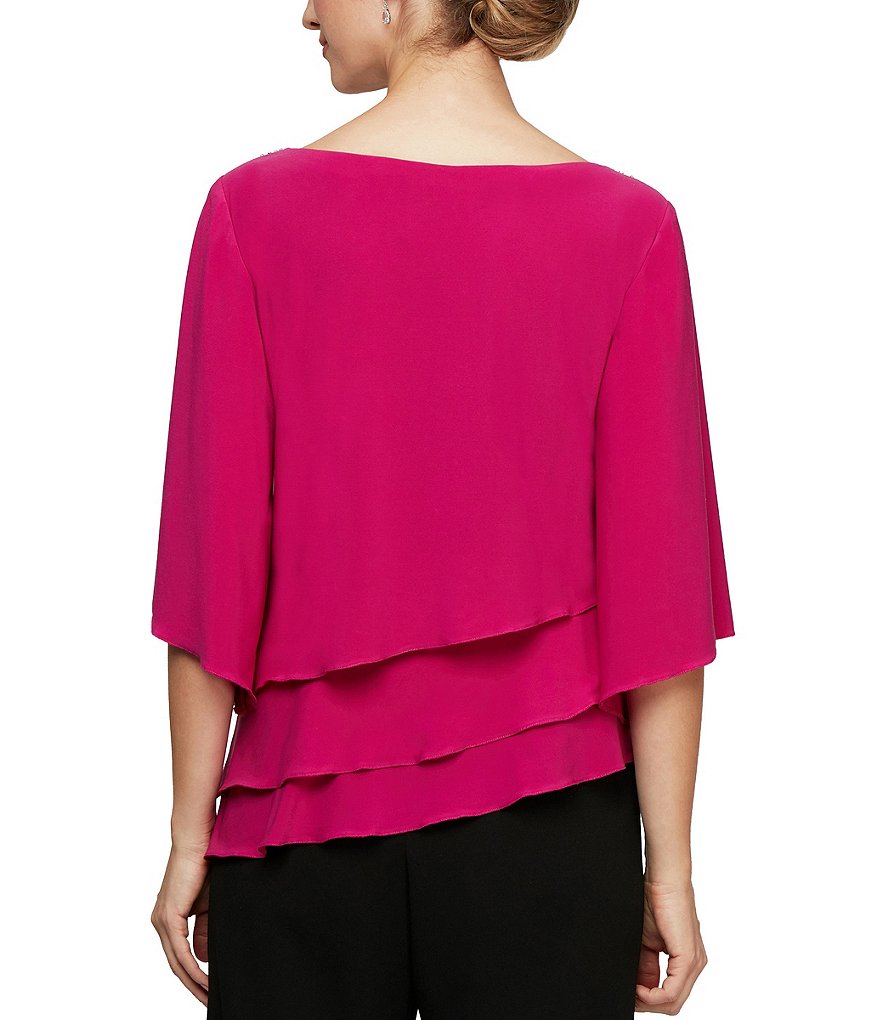 Alex Evenings Pearl Applique 3/4 Sleeve Asymmetrical Tiered Top
