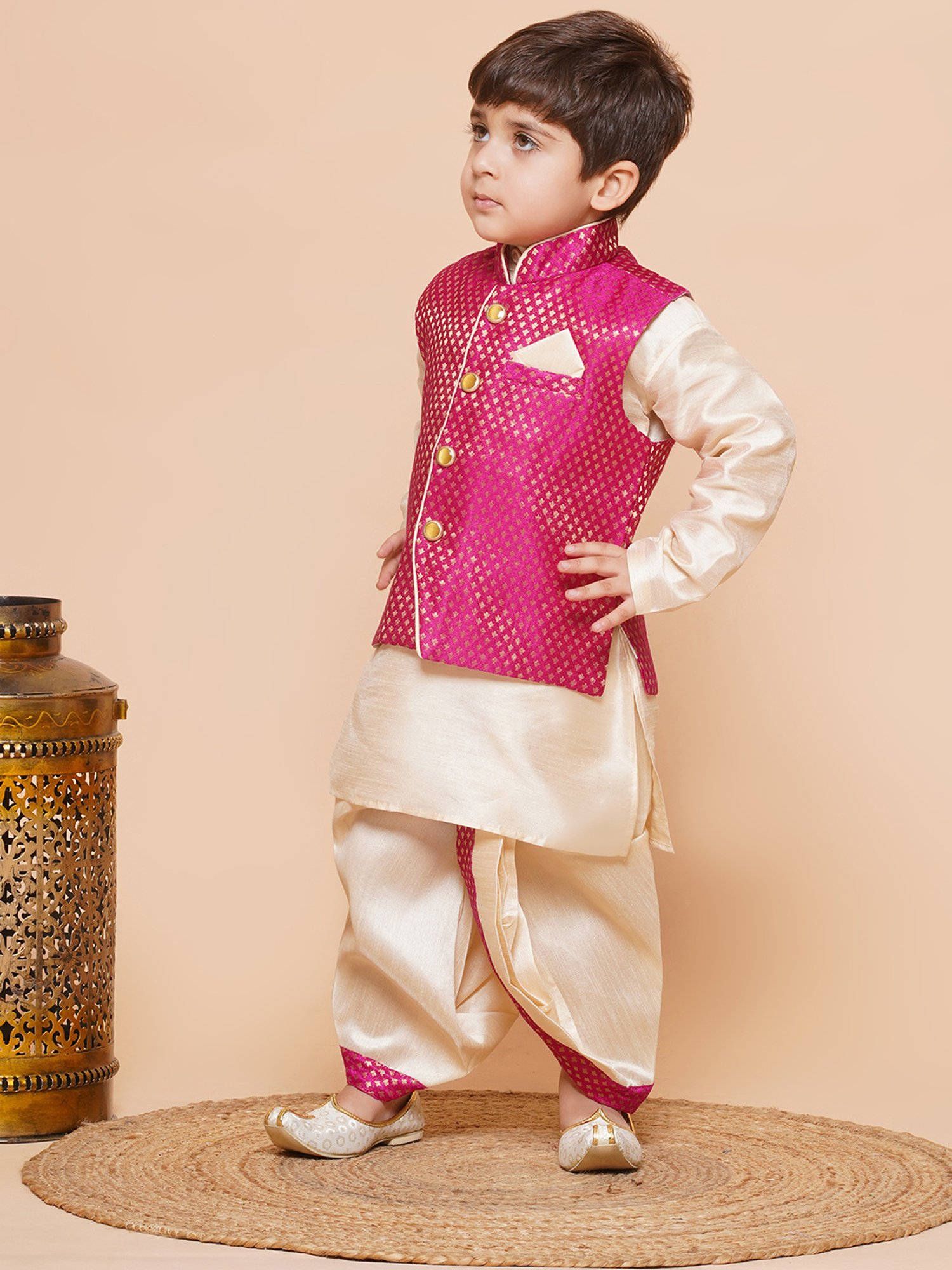 AJ Dezines Kids Beige & Pink Self Design Full Sleeves Kurta, Dhoti with Waistcoat