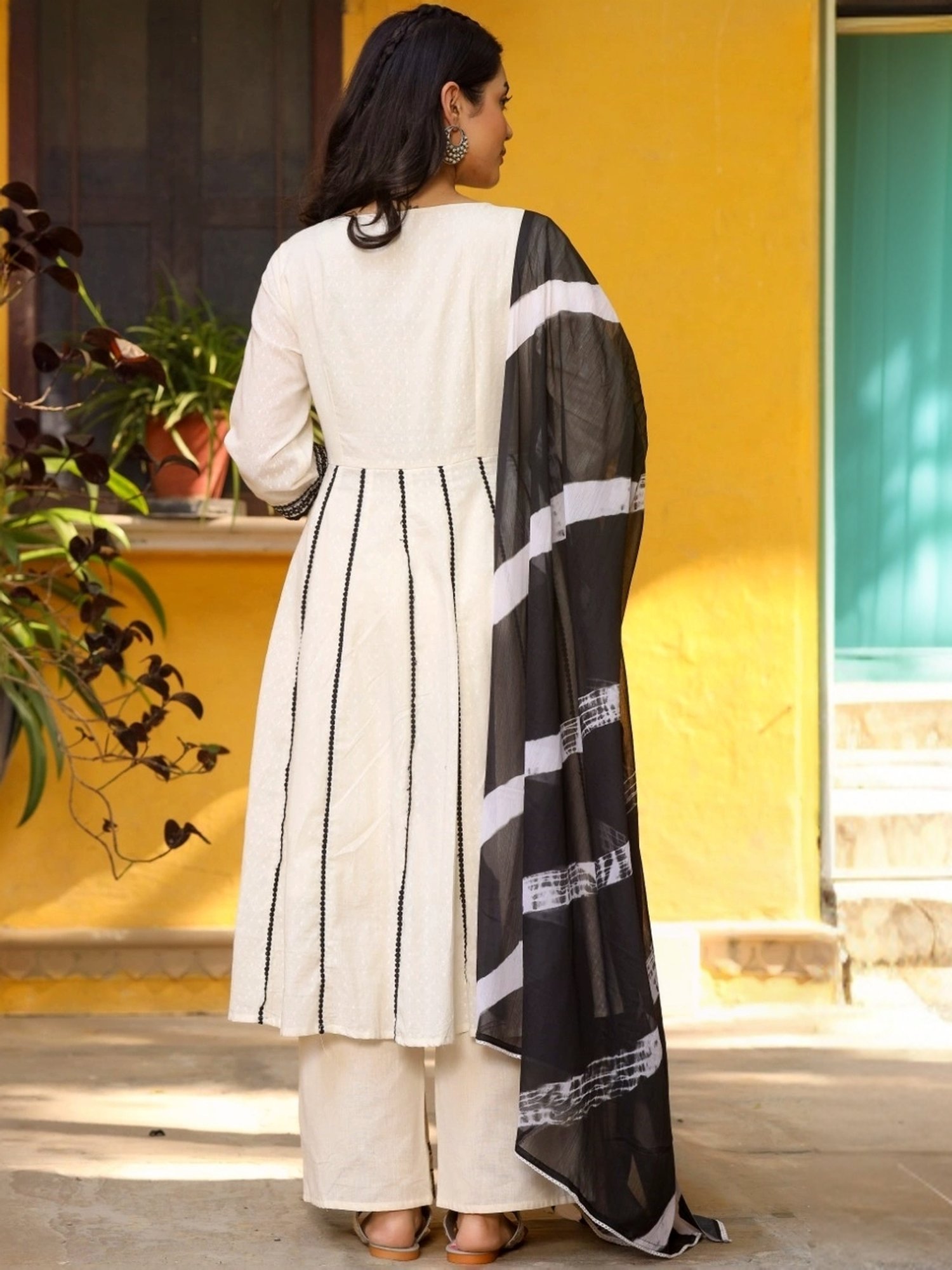 Juniper Off-White Cotton Embroidered Kurta Palazzo Set With Dupatta