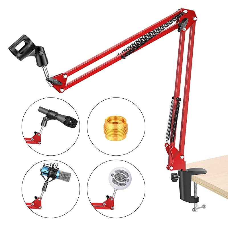 Adjustable Microphone Suspension Boom Scissor Arm Stand Max Load 1 KG Compact Mic Stand for Radio Broadcasting Studio VoiceOver Sound Studio Stages and TV StationsRed