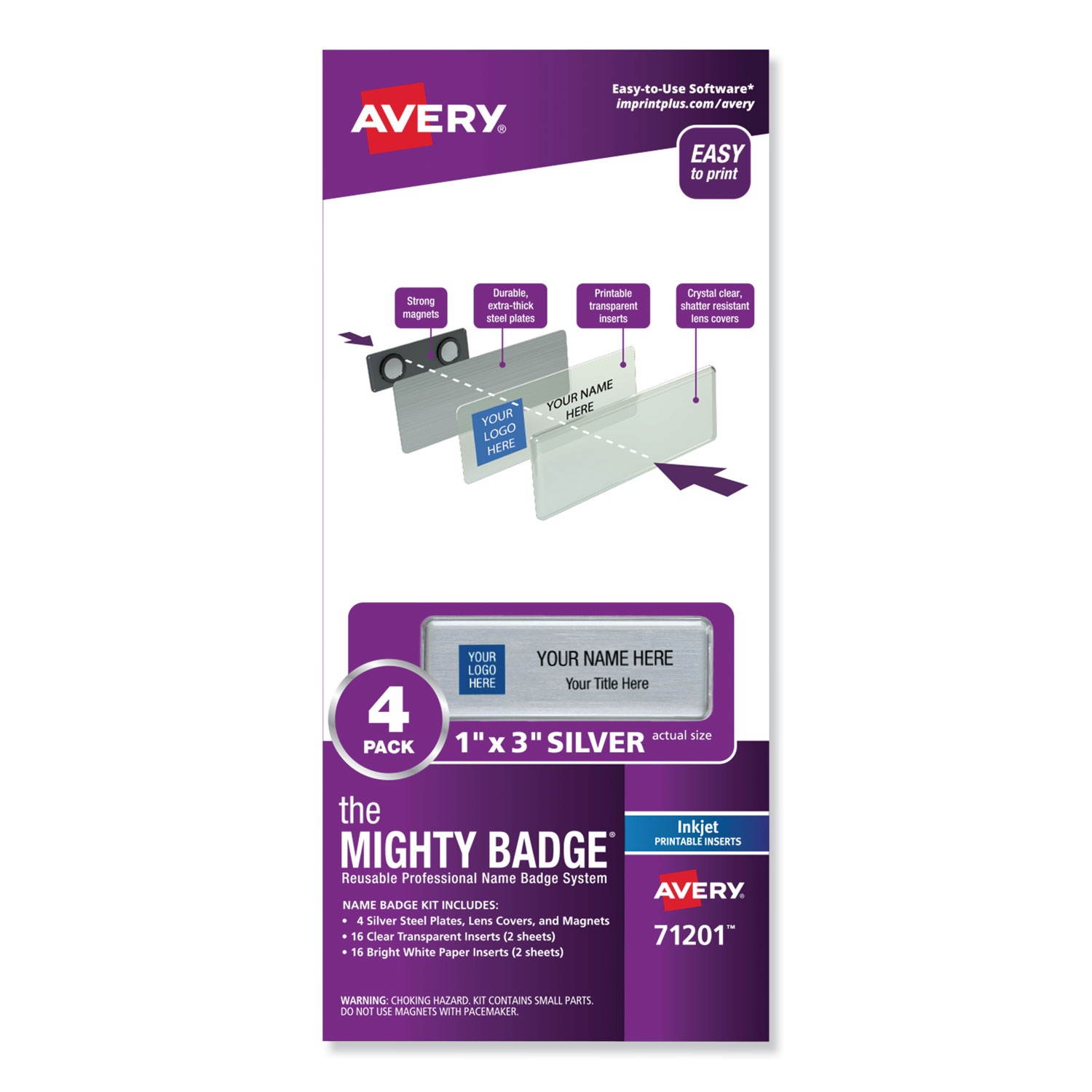 The Mighty Badge, 1&rdquo;x3&rdquo; Silver, 4 Reusable Name Tags 32 Inkjet Inserts