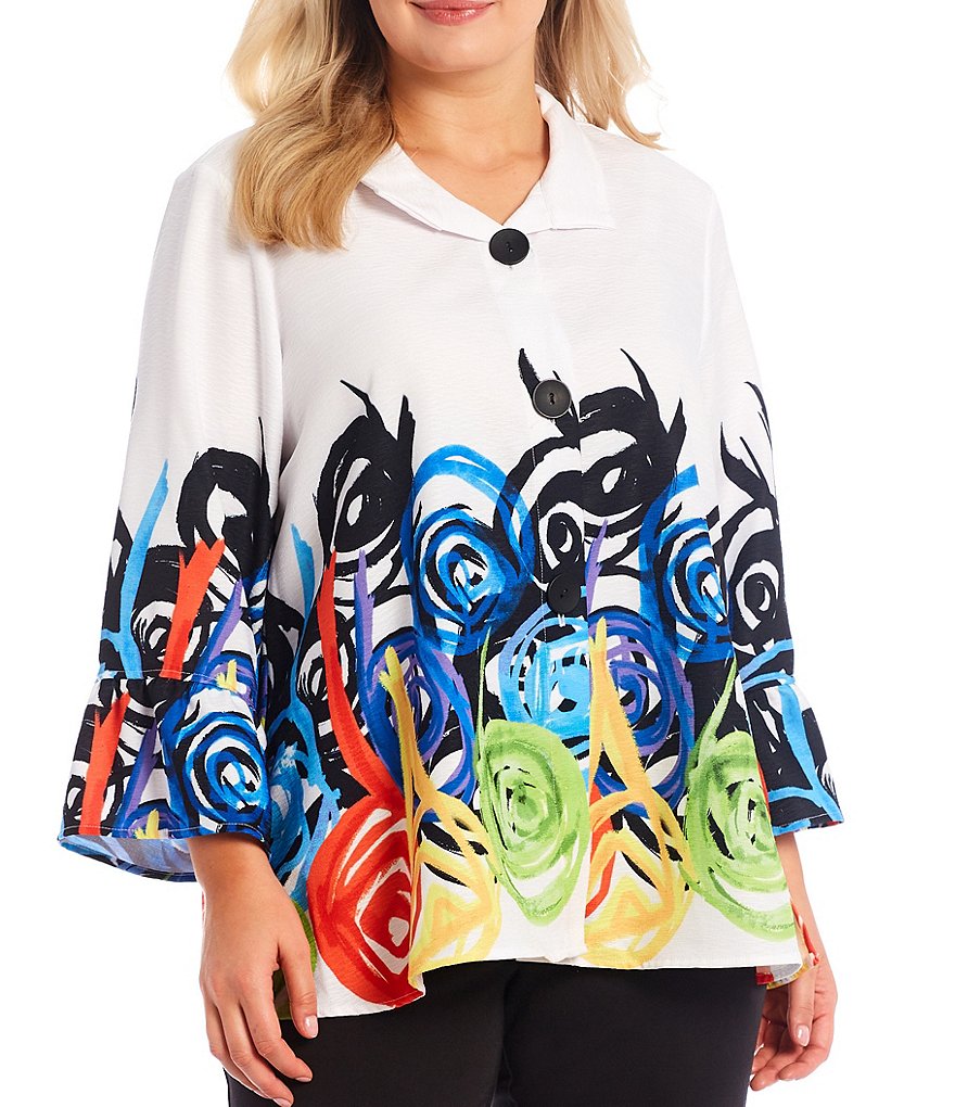Ali Miles Plus Size Swirl Print Ruffle Sleeve Jacket