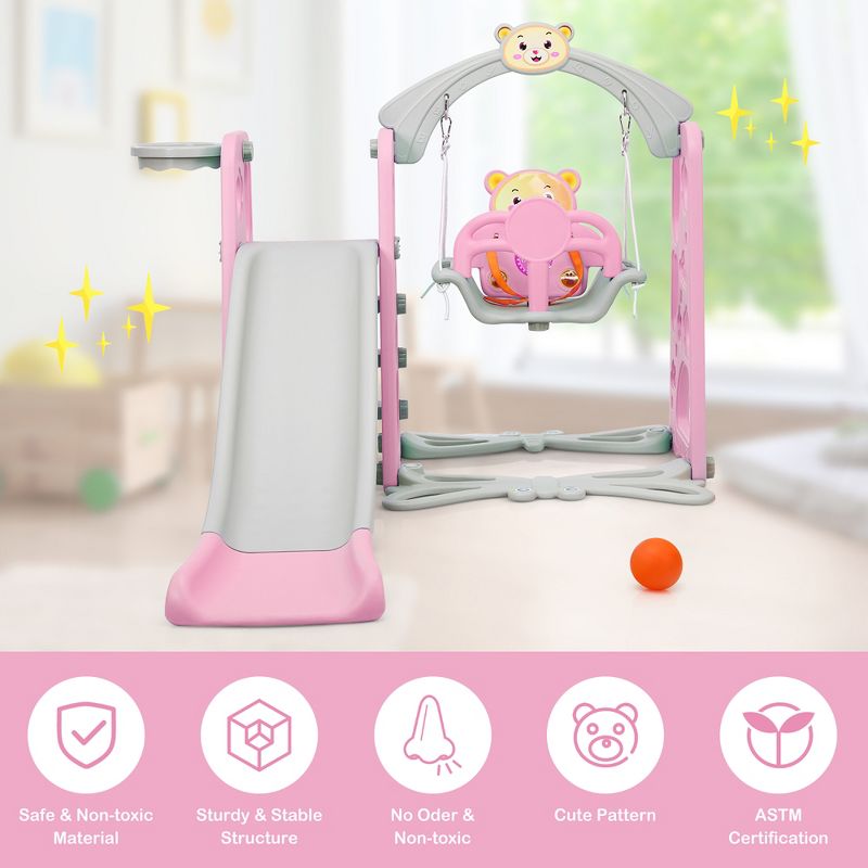 Costway 4-in-1 Toddler Climber and Swing Set w/ Basketball Hoop & Ball Pink