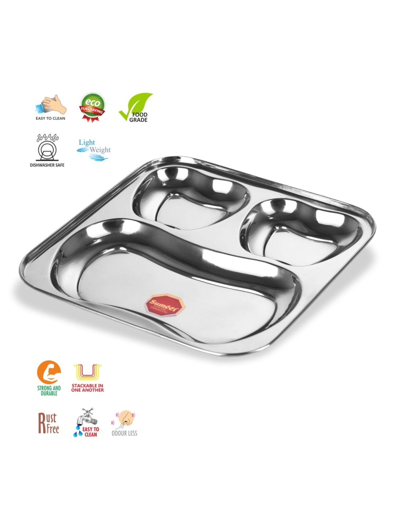 Sumeet Stainless Steel 3 in 1  Pav Bhaji Plate / Compartment Plate 21.5cm Dia