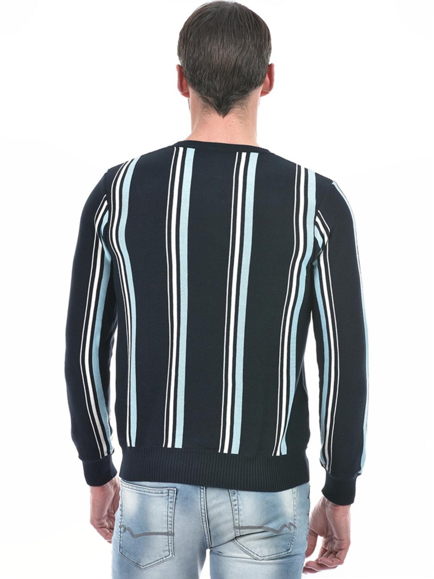 Numero Uno Navy Cotton Regular Fit Striped Sweater