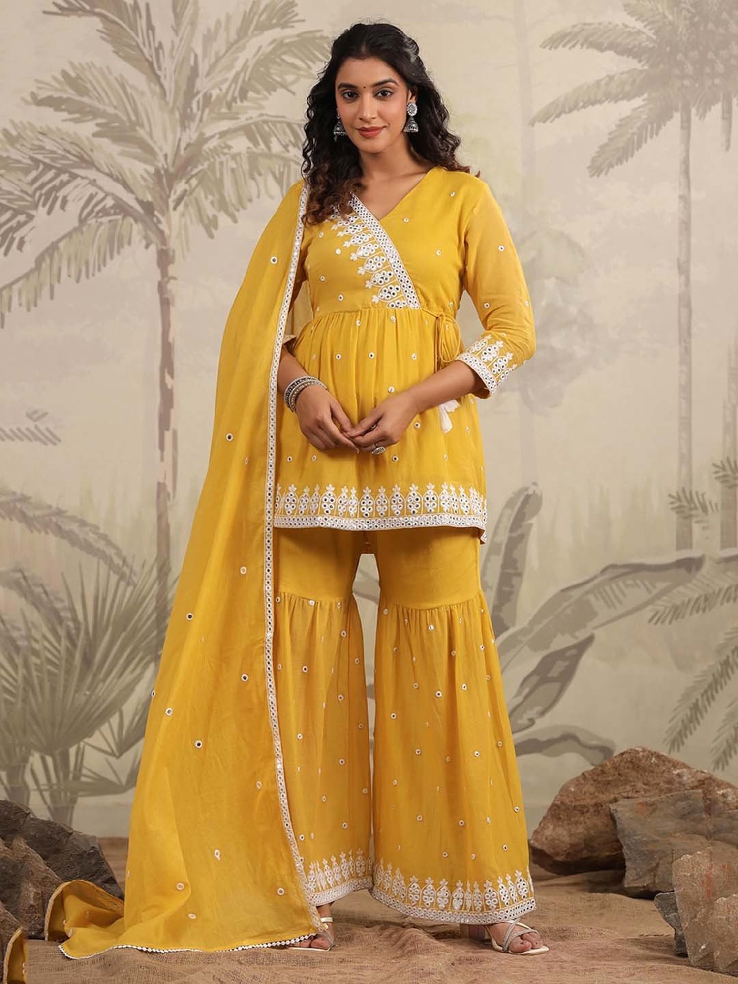 SCAKHI Yellow Embroidered Kurta With Sharara & Dupatta