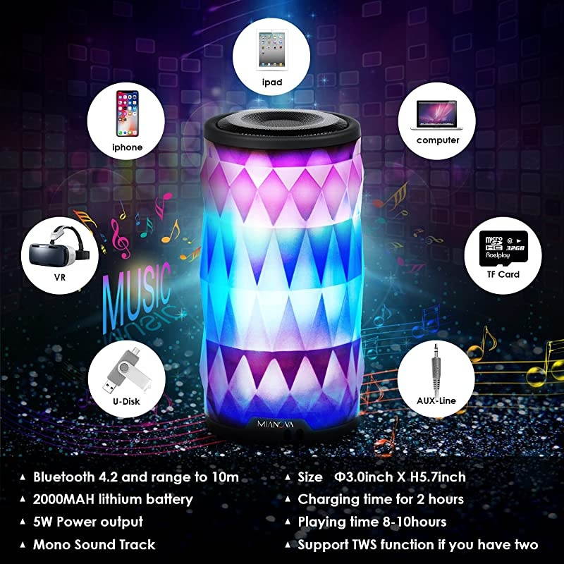 LED Bluetooth Speaker,Night Light Changing Wireless Speaker, Portable Wireless Bluetooth Speaker 6 Color LED Themes,Handsfree/Phone/PC/MicroSD/USB Disk/AUX-in/TWS Supported