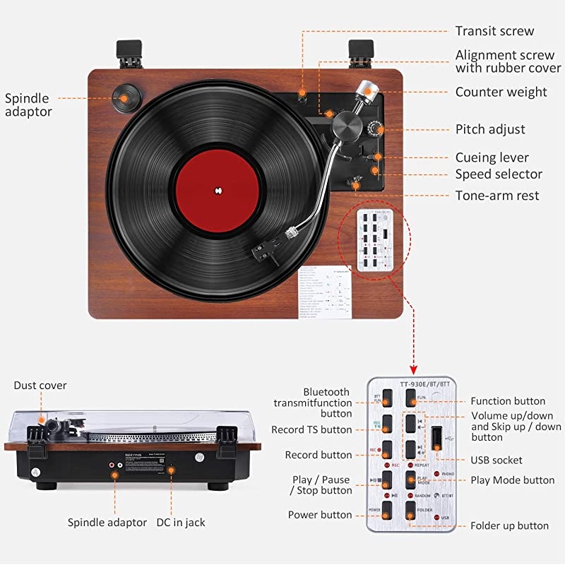 Player with Speakers Turntable for Vinyl s 3Speed Bluetooth Input amp Output USB Direct Vinyl to MP3 ing Automatic Tone Arm Pitch amp Counterweight Adjustment Vintage Player