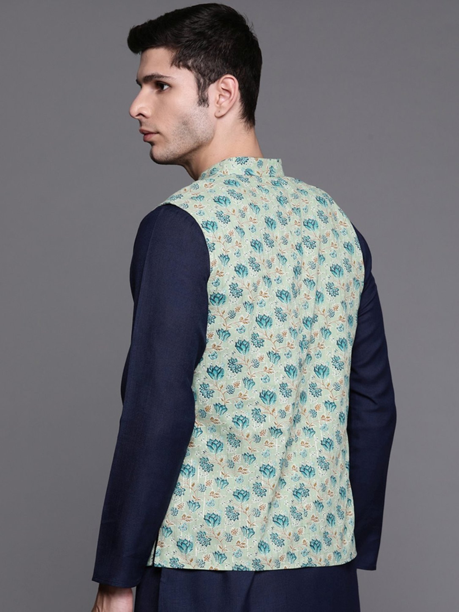 Indo Era Sea Green Cotton Regular Fit Printed Nehru Jacket