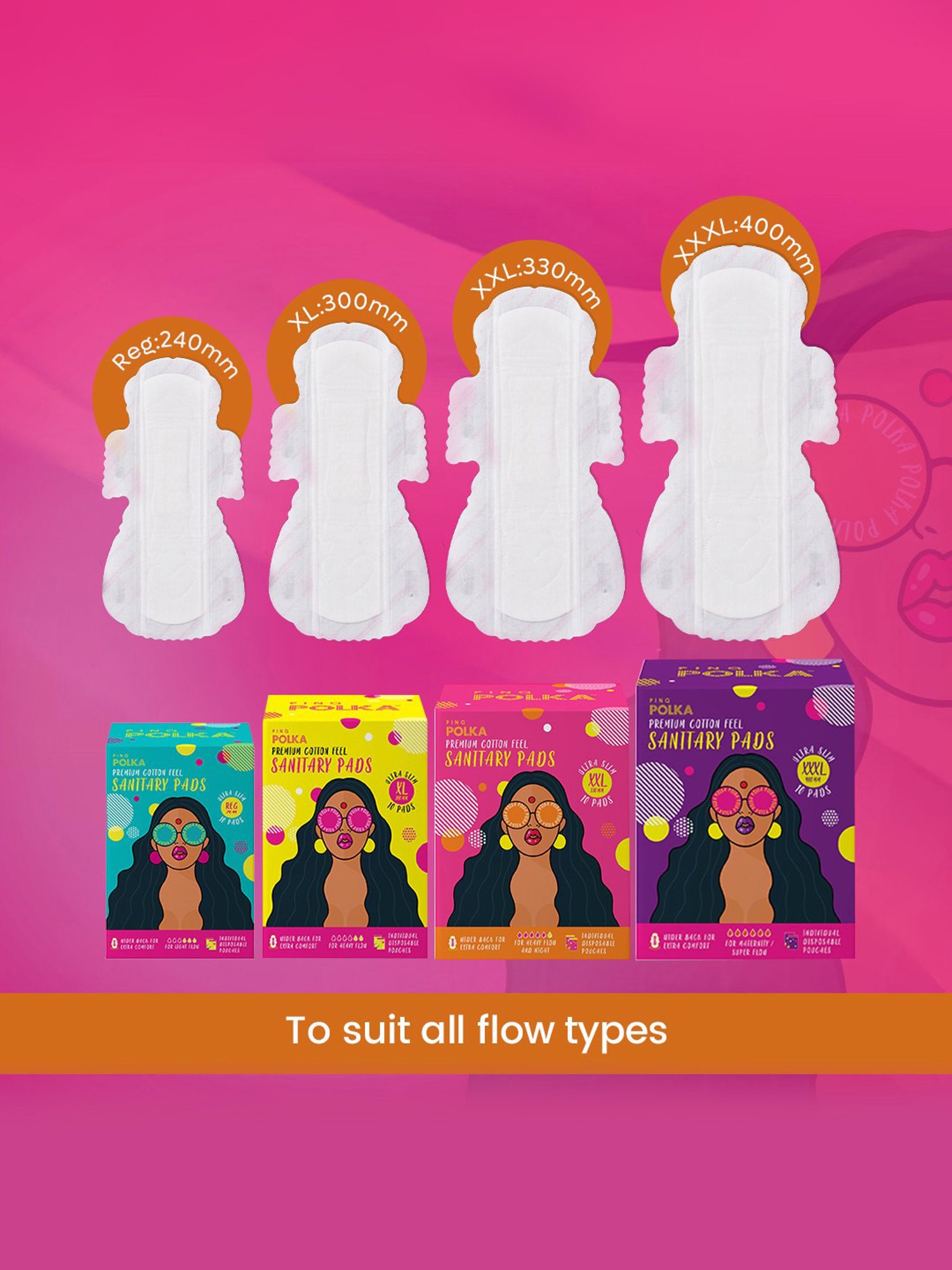 PINQ Polka Premium Cotton Feel Sanitary Pads XL+XXL - 40 Pads + 5 Pantliners