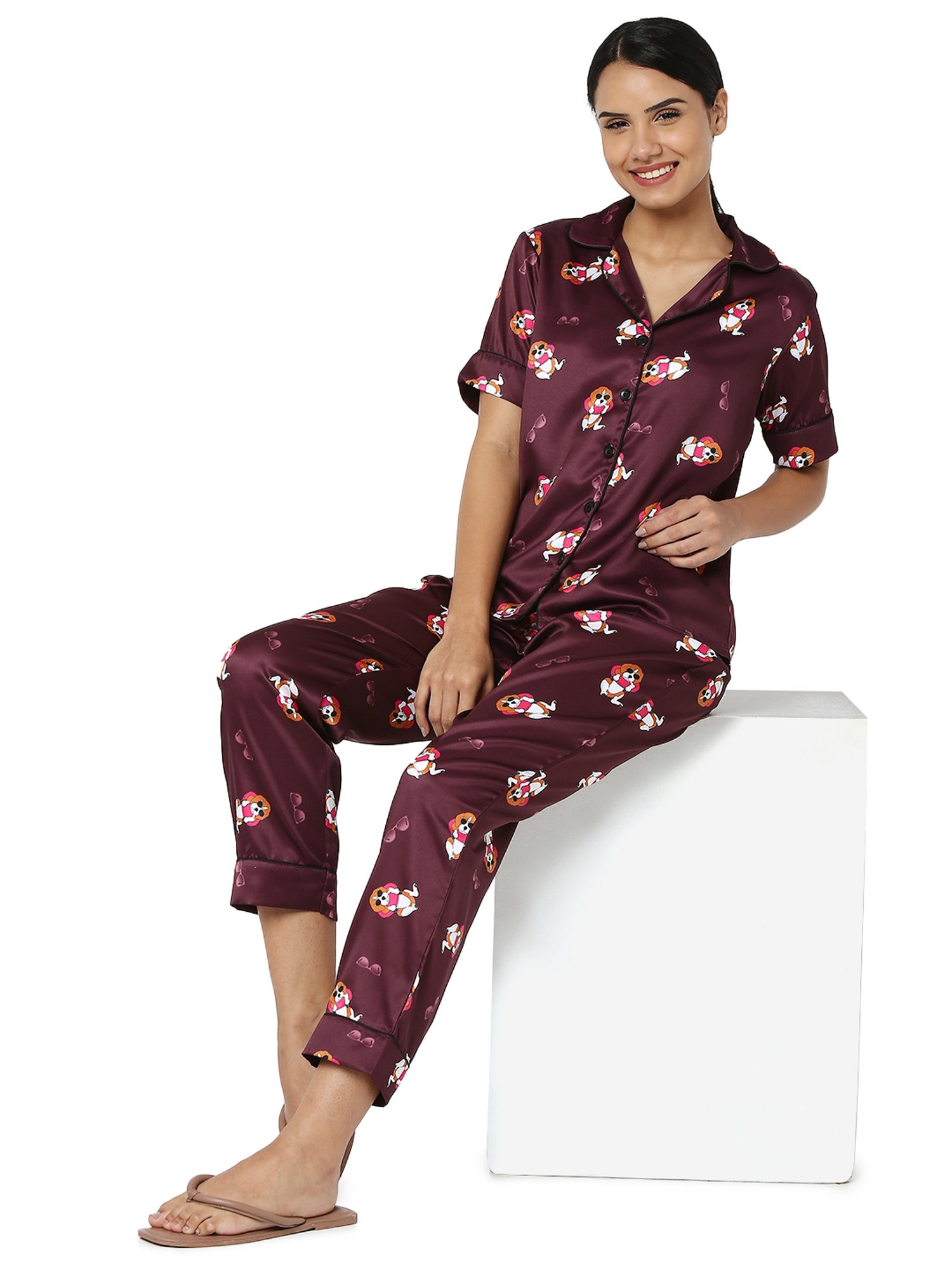 Smarty Pants Maroon Satin Animal Print Shirt With Pyjamas