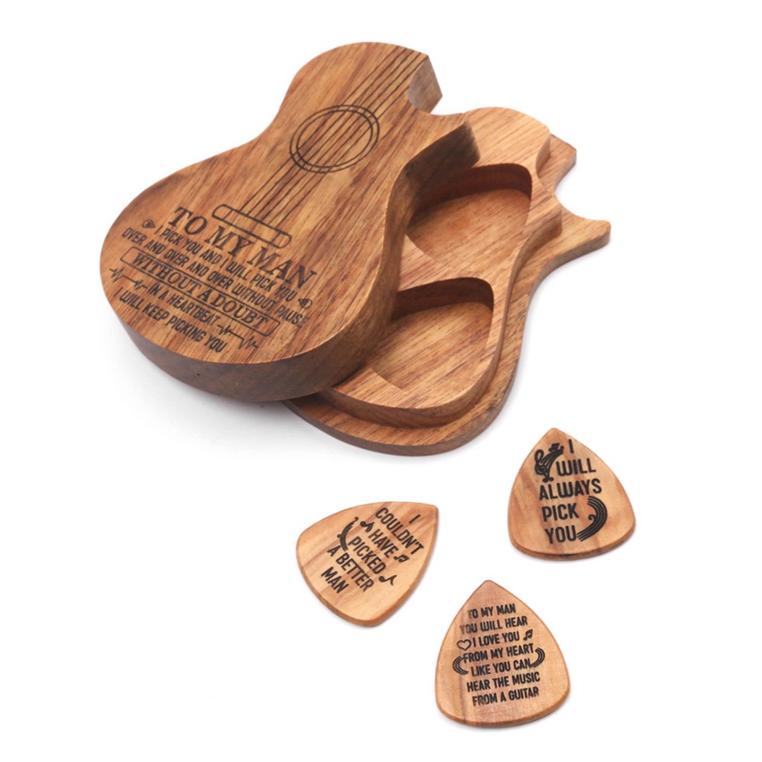 Wooden Guitar Pick Box Holder Guitar Shape 3 Compartments Paddles Wood Container with 3pcs Olivewood Picks