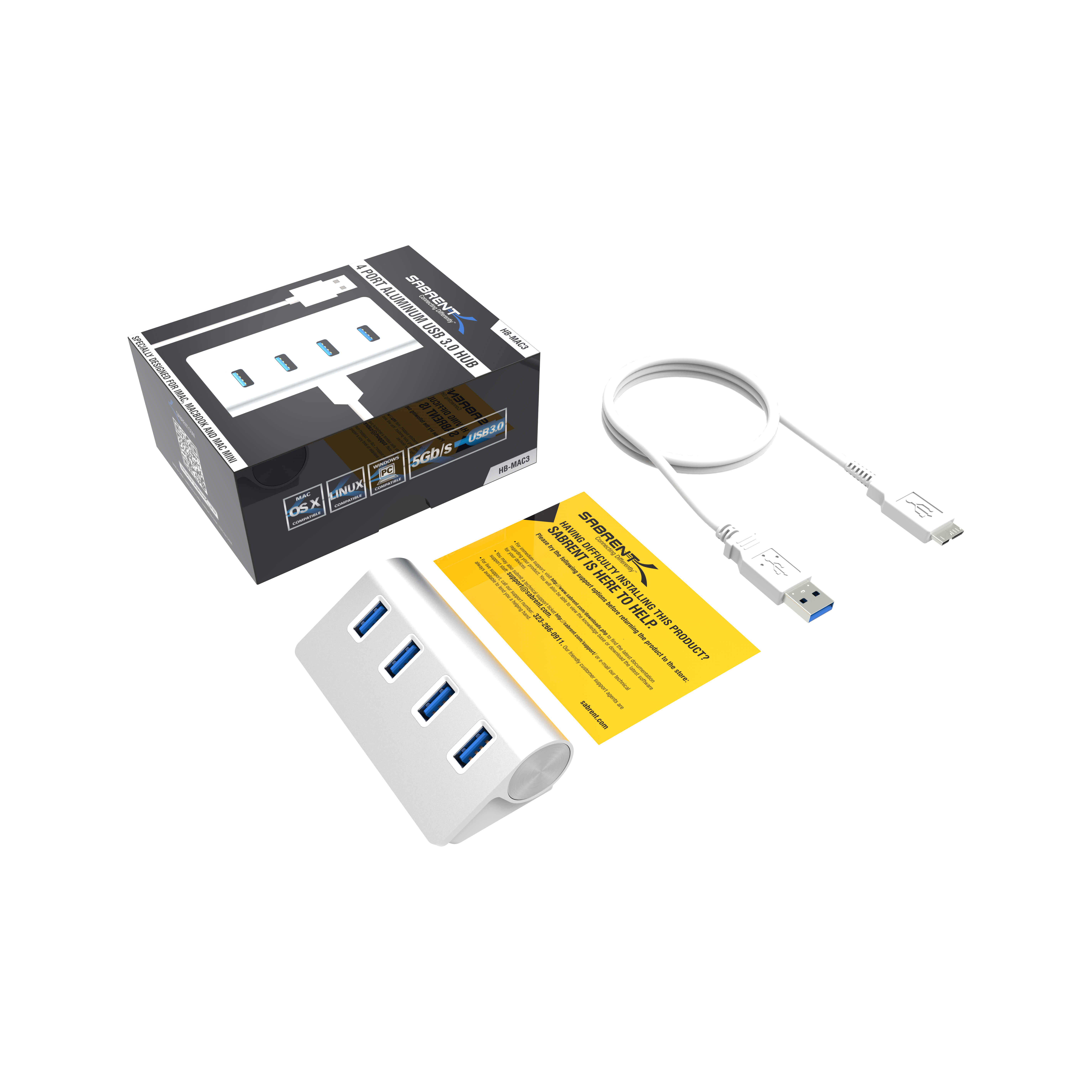 Sabrent 4 Port Aluminum USB 3.0 Hub (30? cable) | Silver (HB-MAC3)