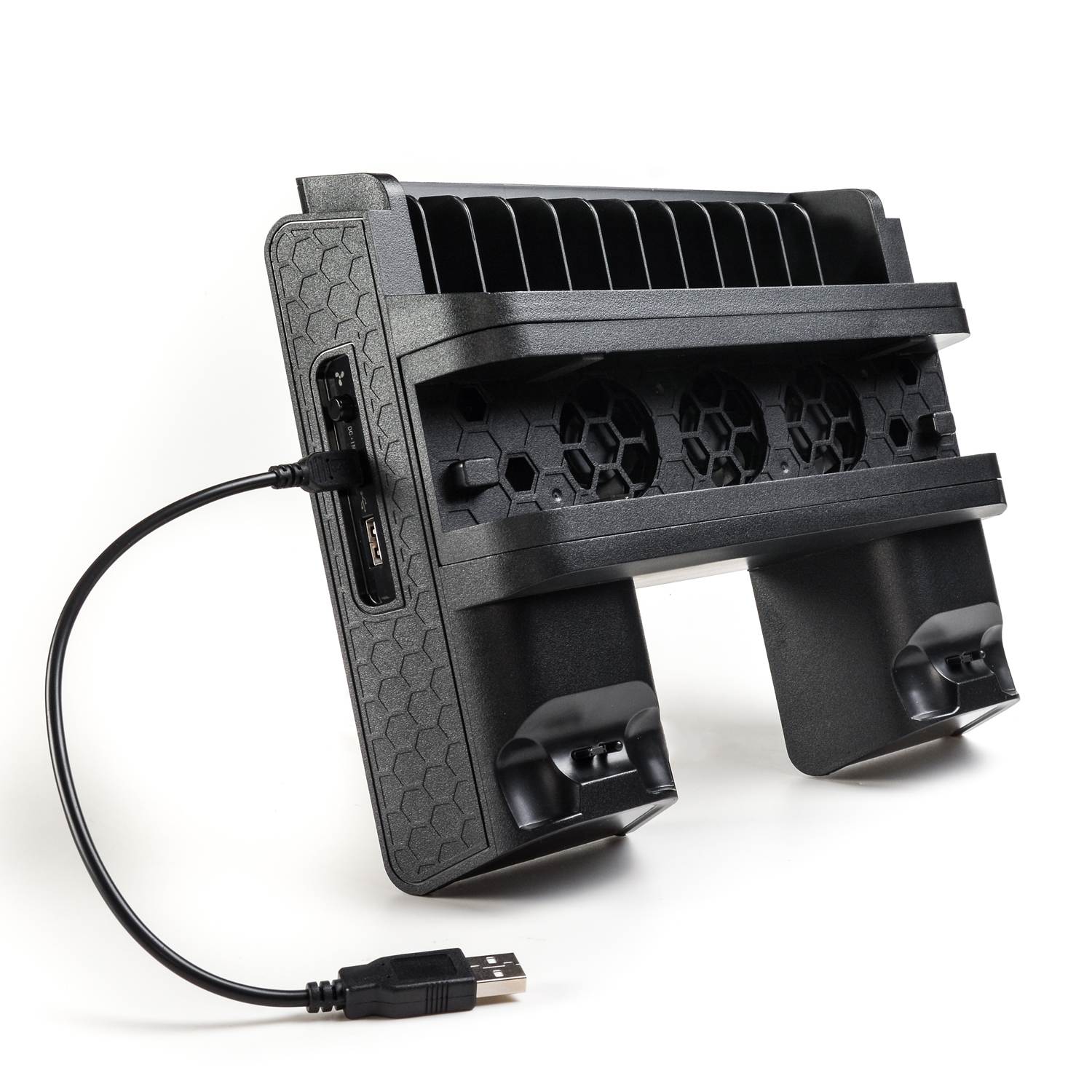 Vertical Stand with Cooling Fan for PS4 , Multi-Functional Cooling Stand, Dual Controllers Charging Station with 12 Game Storage Slots, Compatible with PS4, PS4 Slim & PS4 Pro Console, Black