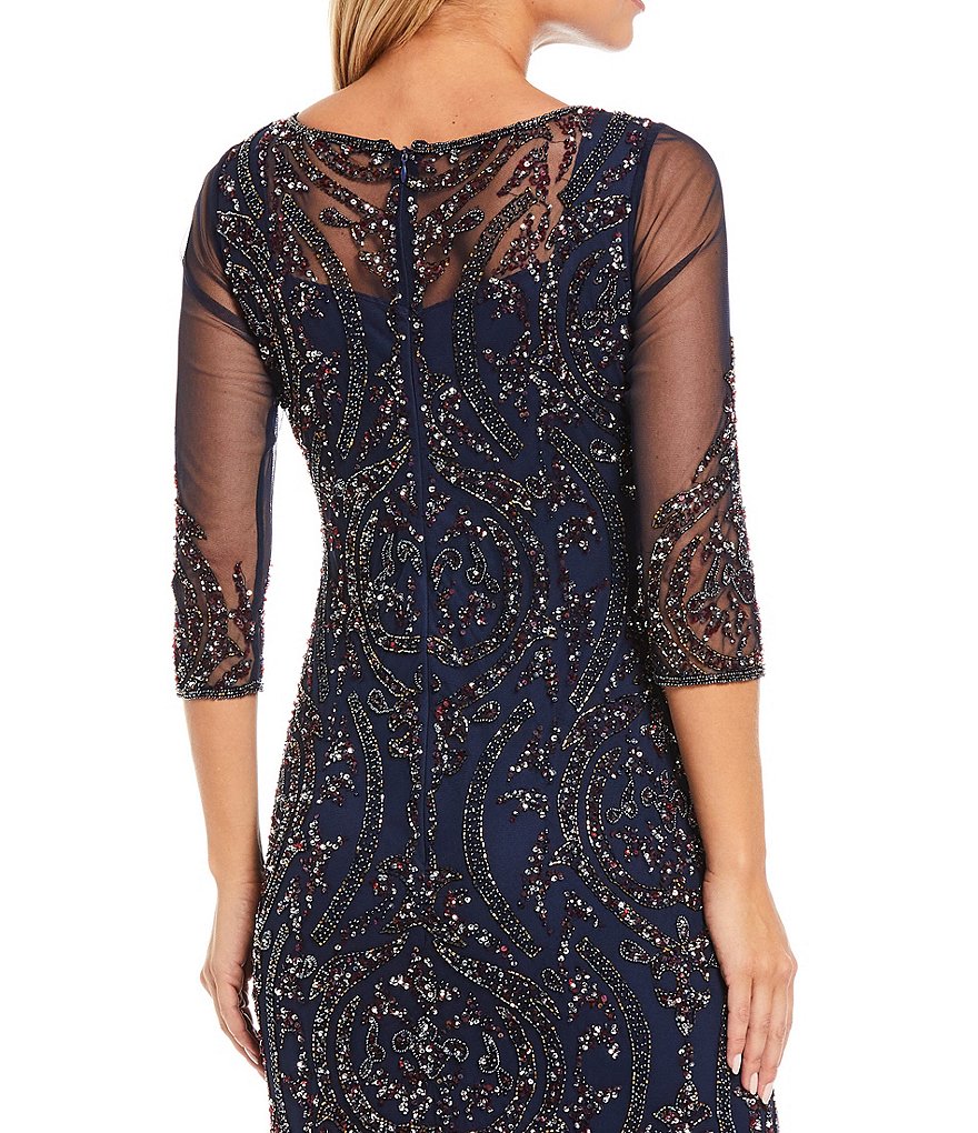 Pisarro Nights Beaded Illusion Round Neck 3/4 Sleeve Long Dress