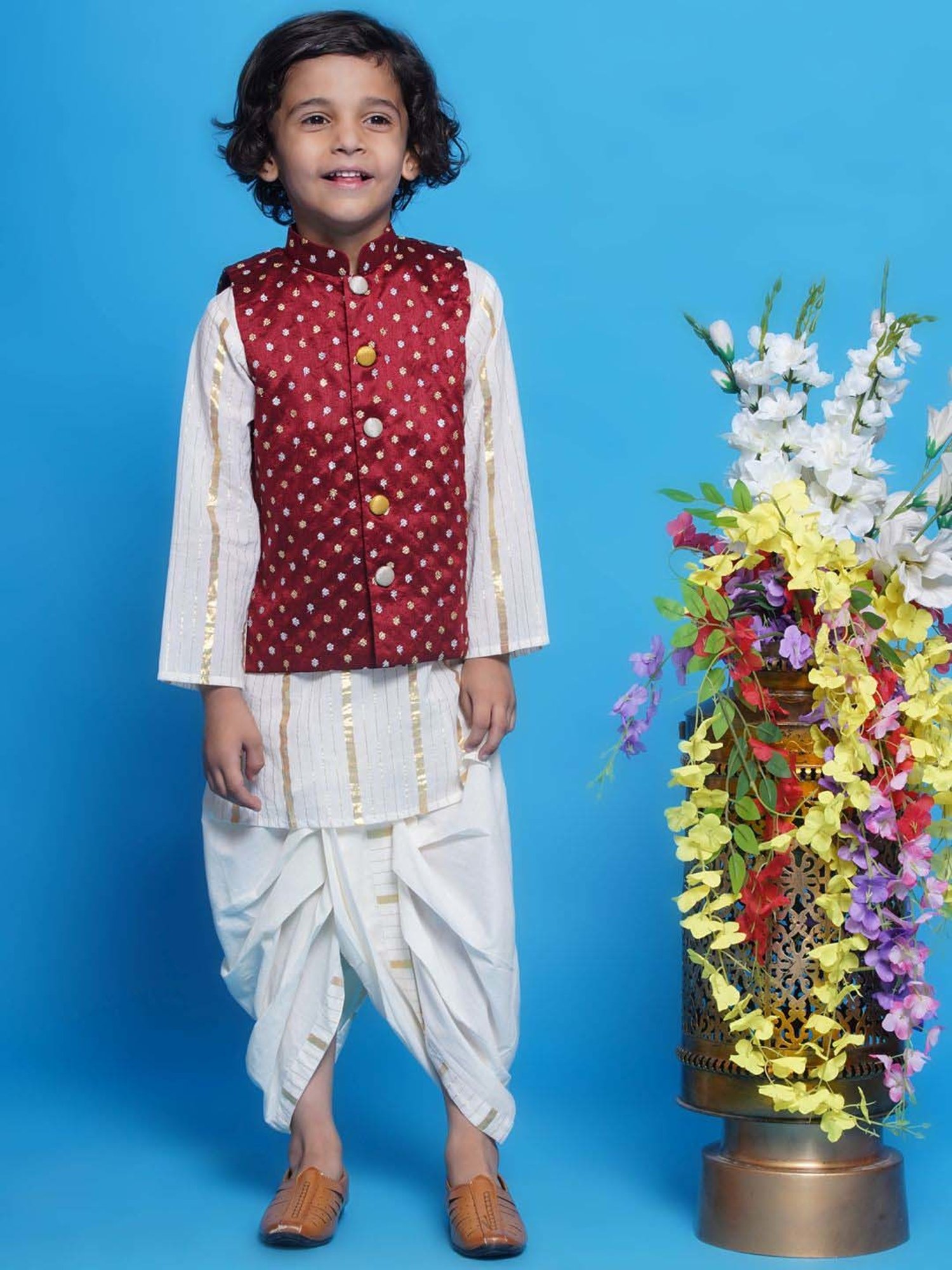 Little Bansi Boys Multicolor Cotton Self Full Sleeves Kurta Set
