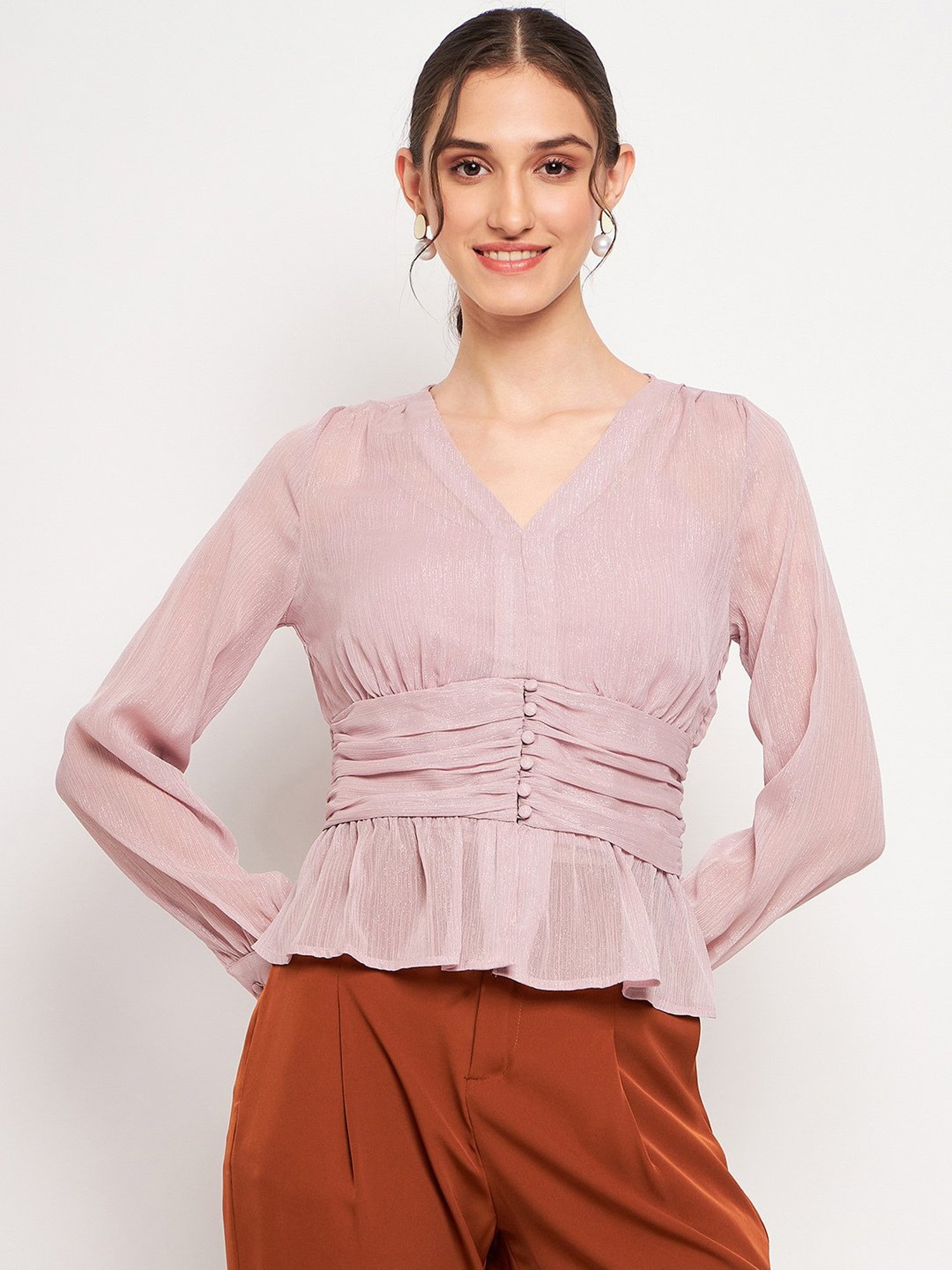 MADAME Pink Regular Fit Peplum Top