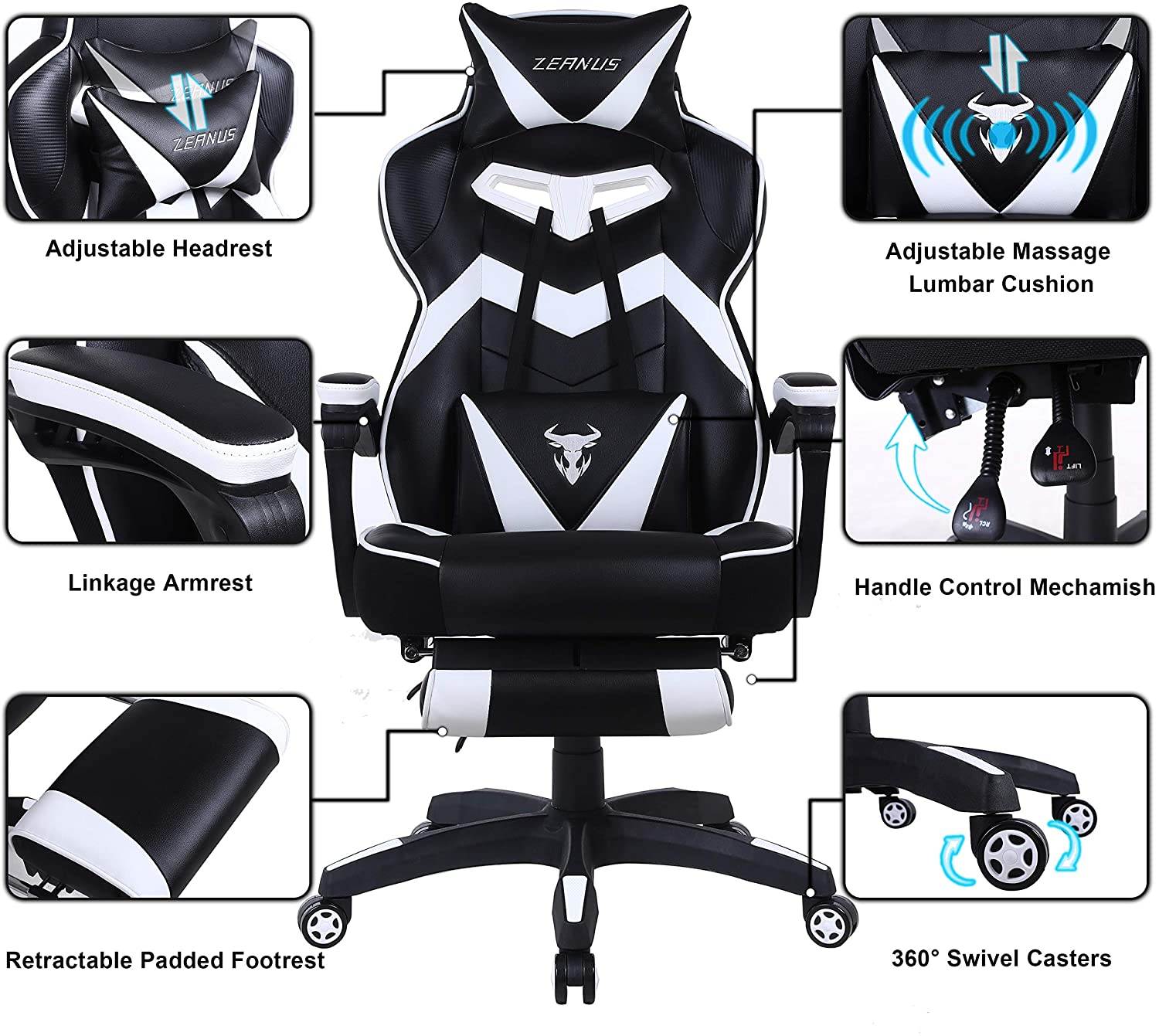 Zeanus Gaming Chair for Adults Green, Gaming Chair with Footrest, Massage Computer Gaming Chair, Reclining Gaming Desk Chair, Big and Tall Video Gaming Chair, Racing Style Chair, E-Sports Gamer Chair
