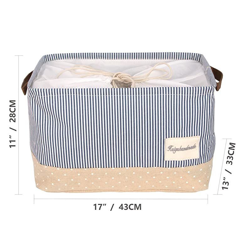 17Inches Large Storage Basket Available 15 and 17 InchesWidth Drawstring Square Cotton Linen Collapsible Toy Basket Navy Blue L