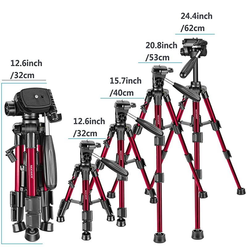 Mini Travel Tabletop Camera Tripod 24 inches/62 Centimeters, Portable Aluminum 3-Way Swivel Pan Head DSLR Camera,Smartphones,DV Video up to 6.6 pounds/3 Kilograms(T210 Red)