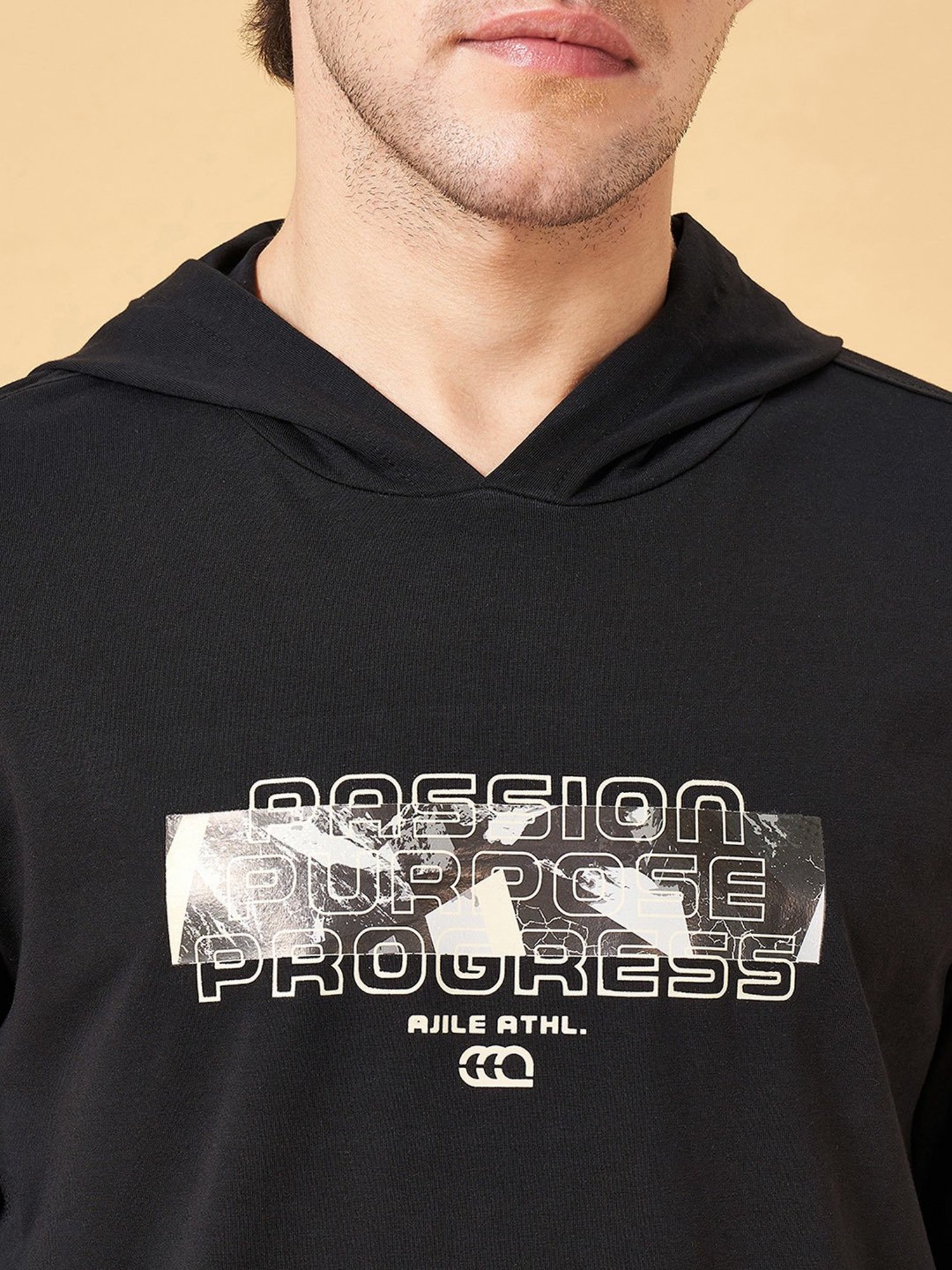 Ajile by Pantaloons Jet Black Slim Fit Graphic Print Hooded T-Shirt