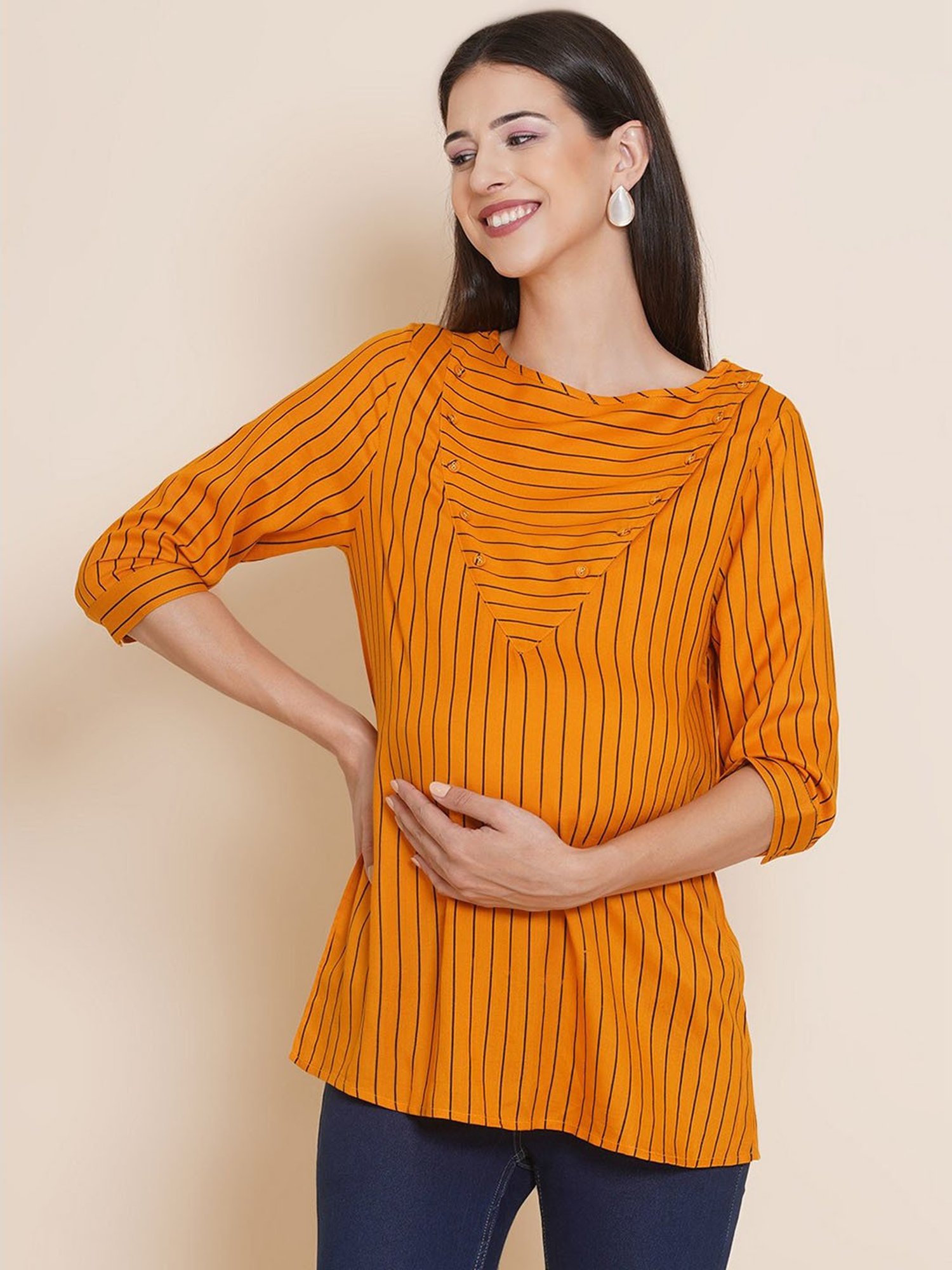 Mine4Nine Mustard Striped Maternity Top