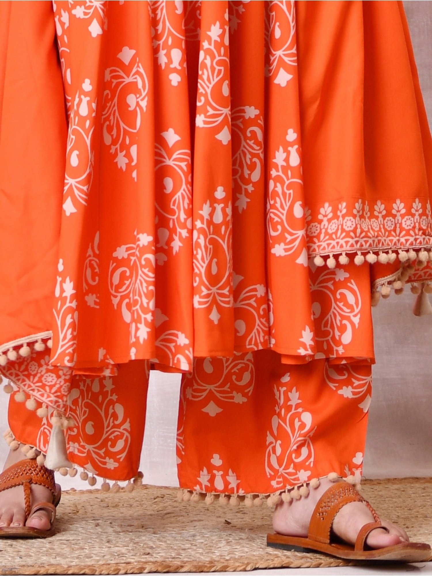 Rustorange Orange Printed Kurta Pant Set With Dupatta