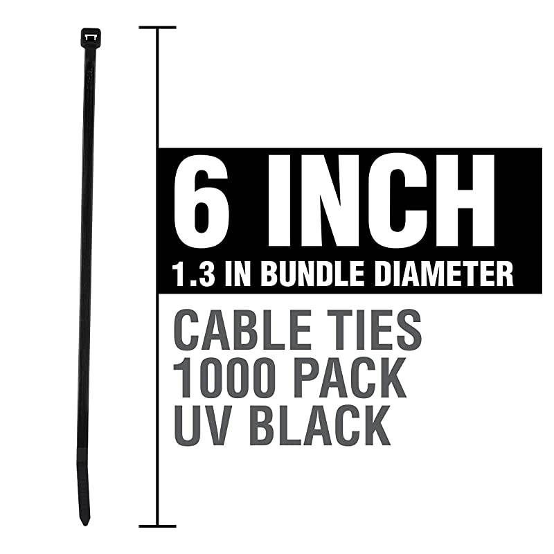 Cable Ties 6 Inch 40 Lb Standard Duty Zip Ties 1000 Pieces UV Black UL Listed Contractor Quality Industrial Strength