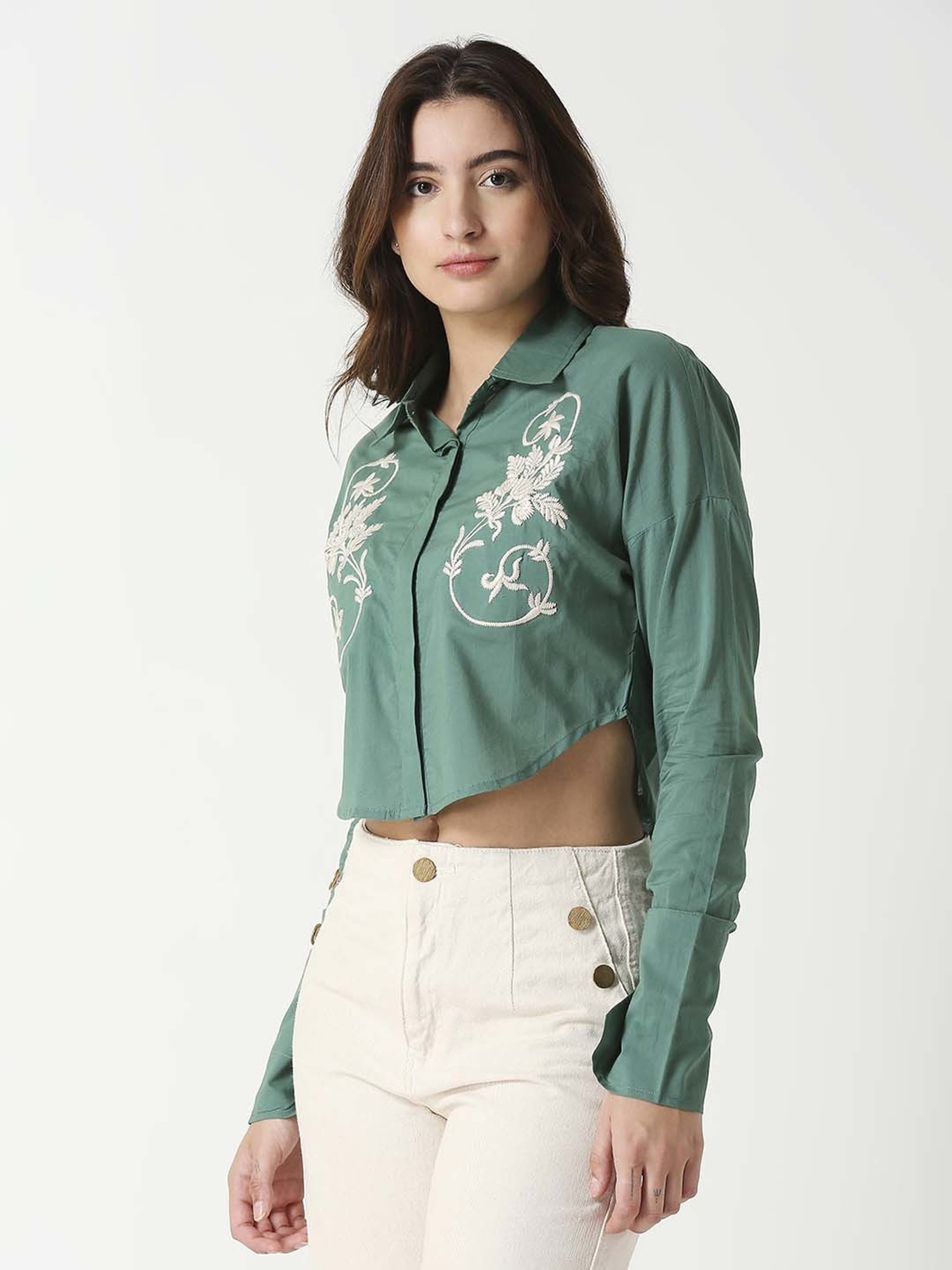 Remanika Green Cotton Embroidered Shirt