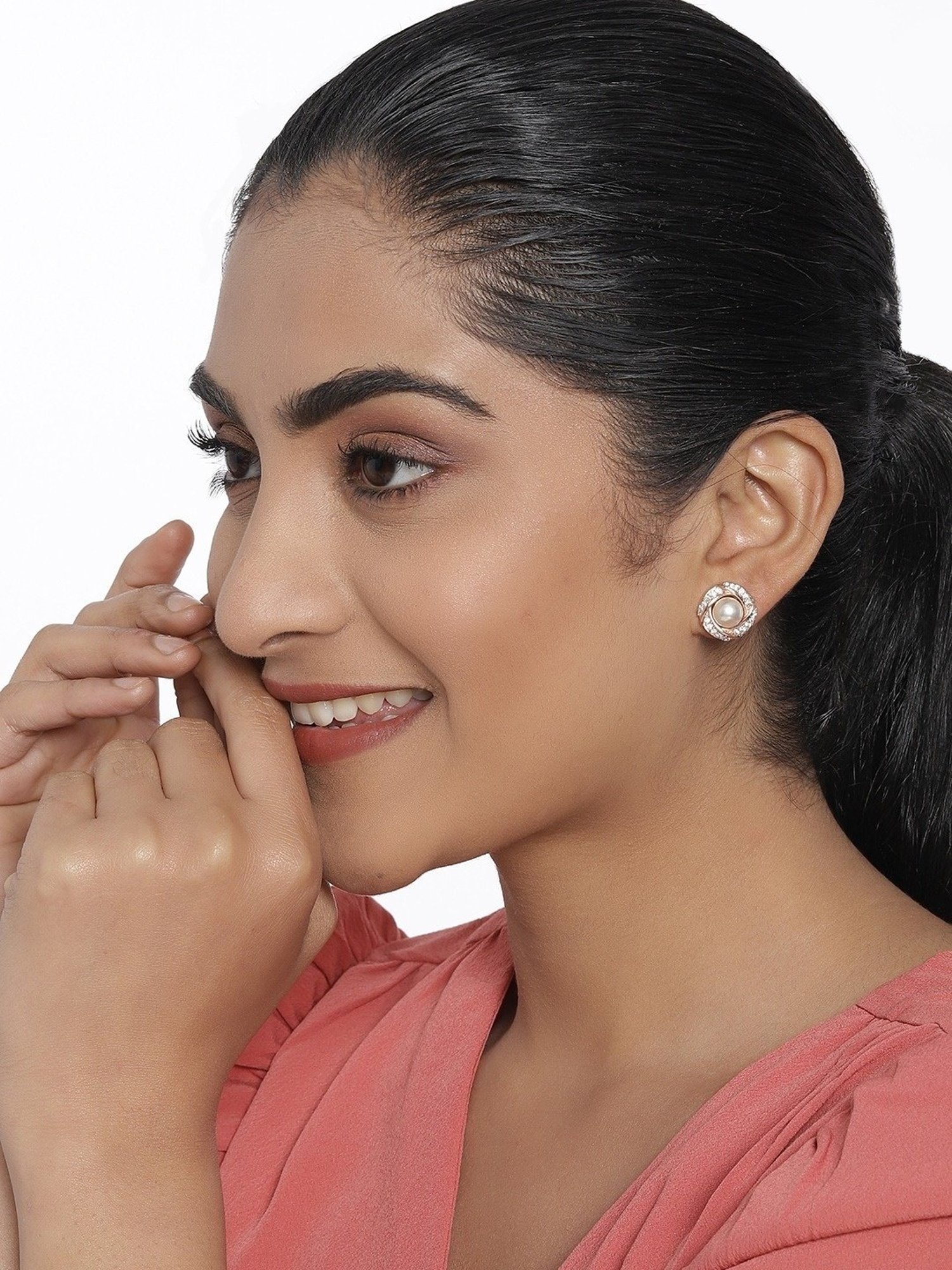 Zaveri Pearls Combo of 2 Rose Gold Cubic Zirconia & Pearls Brass Stud & Drop Earrings - ZPFK10859