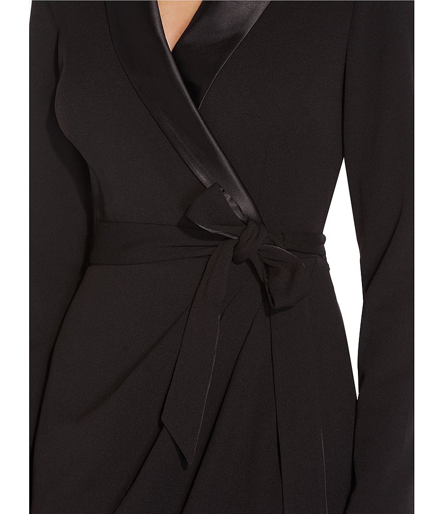 Adrianna Papell Satin Lapel Long Sleeve Wrap Tuxedo Midi Dress