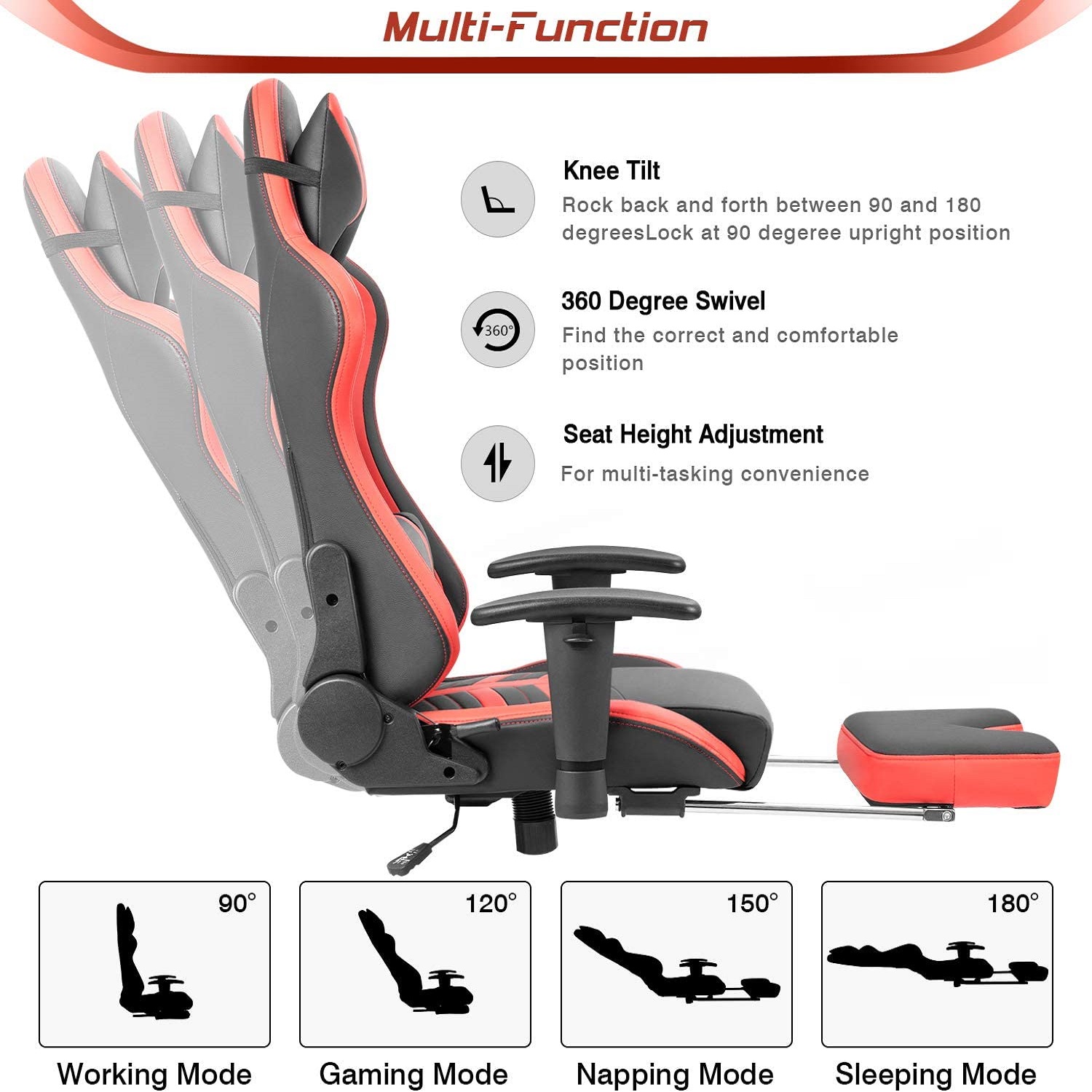 Homall Gaming Chair with Thickened Footrest Ergonomic Swivel Racing High-Back Bucket Seat, Premium PU Leather, Reclining, Hydraulic Height Adjustment, Lumbar Support, Adjustable Armrest (Red)