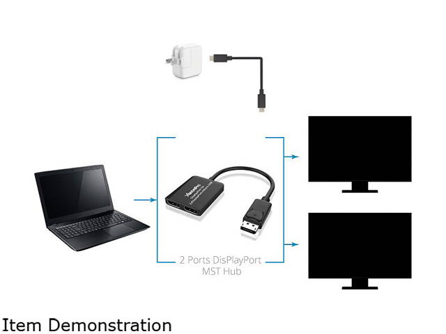 XtremPro 61072 2 Ports DisplayPort MST Hub Splitter Support HDCP, SST, and Extended MST, 3840x2160P@30Hz - Black