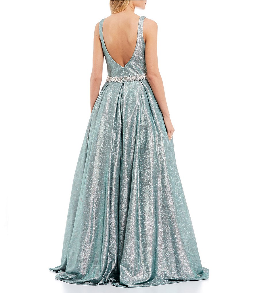 Coya Collection Plunging Neckline Glitter Metallic Ball Gown