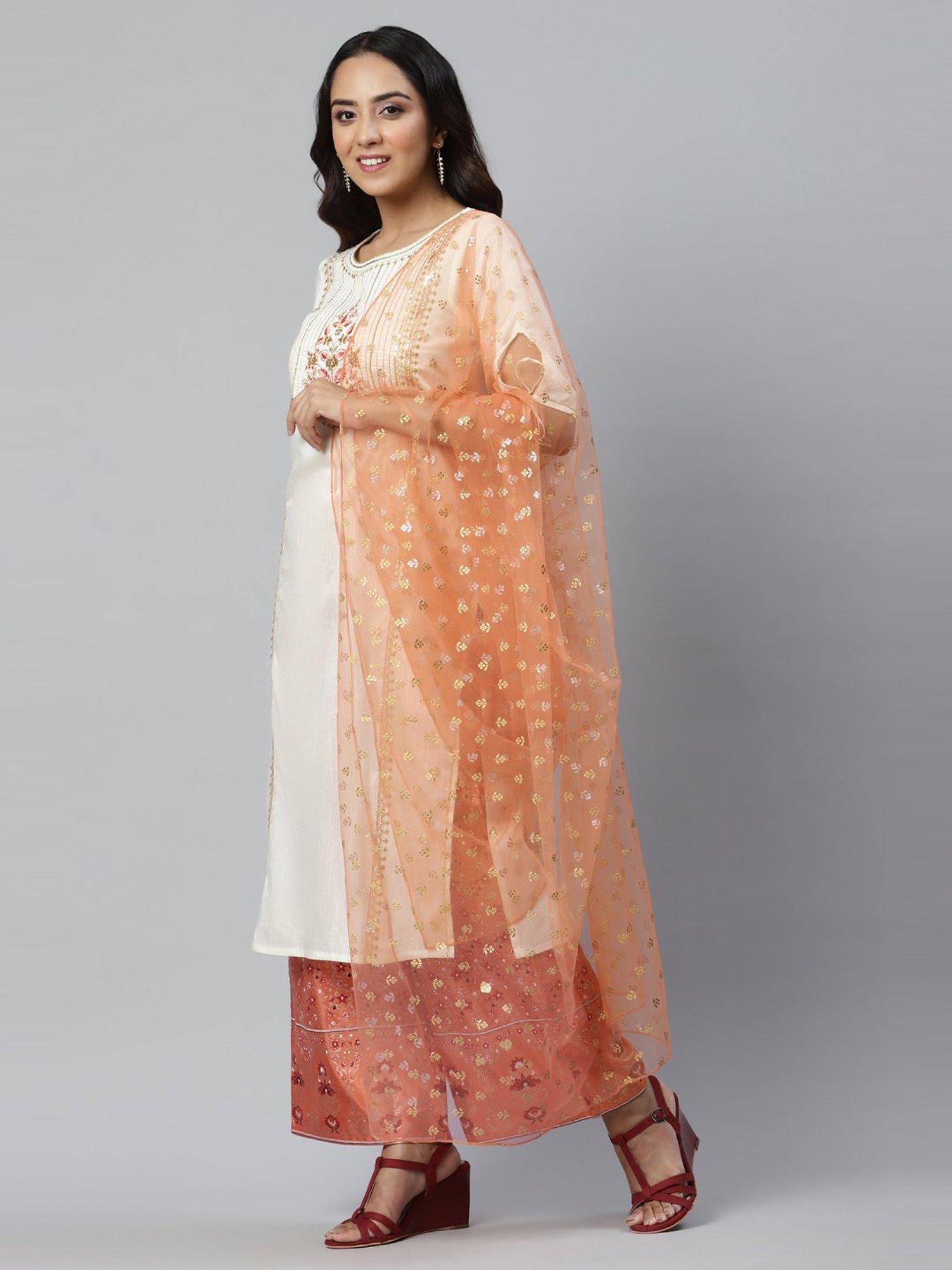 Aurelia Women White Solid Viscose Kurta Set with Palazzo & Dupatta