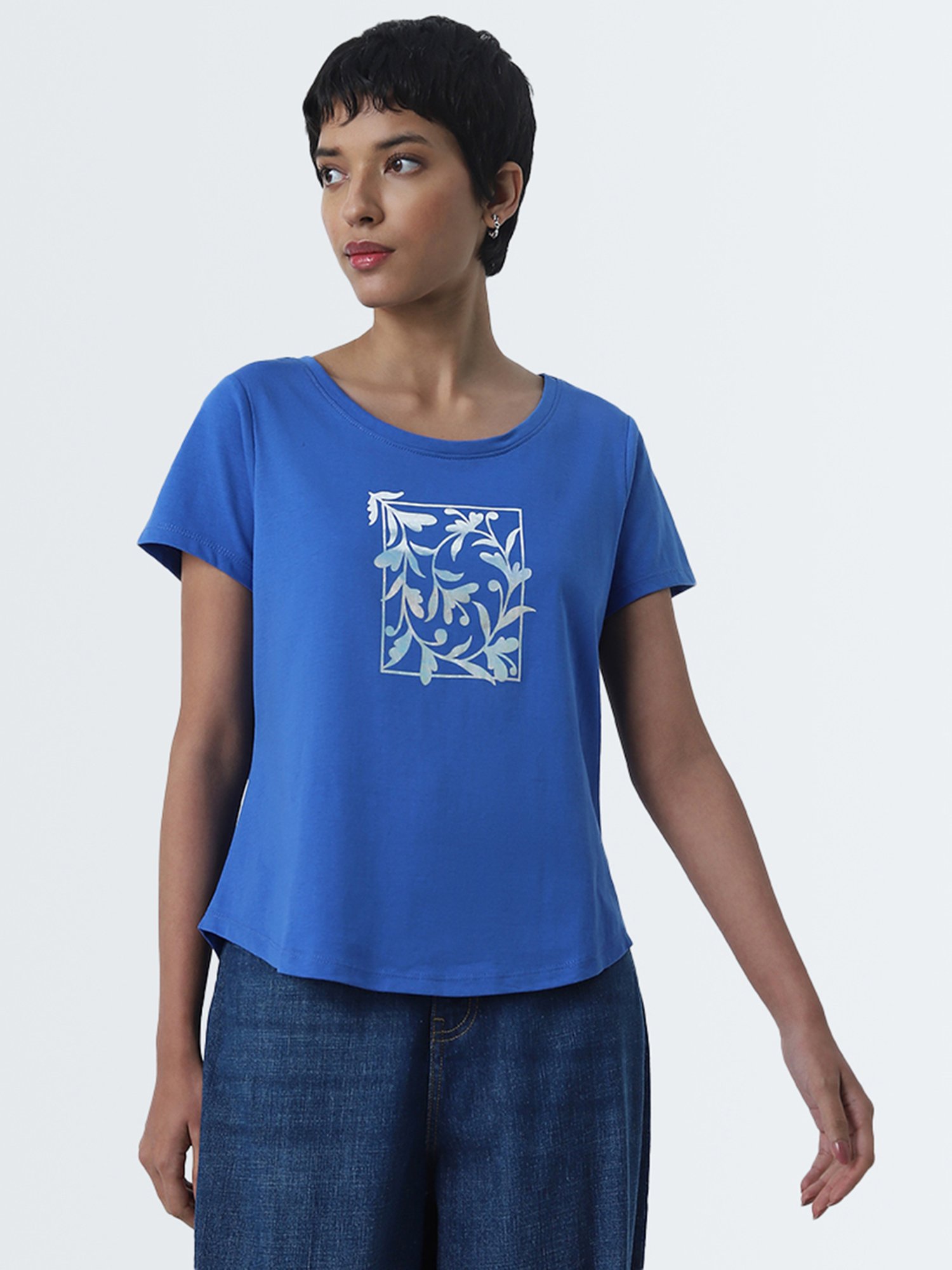 LOV by Westside Blue Floral Printed Cotton T-Shirt