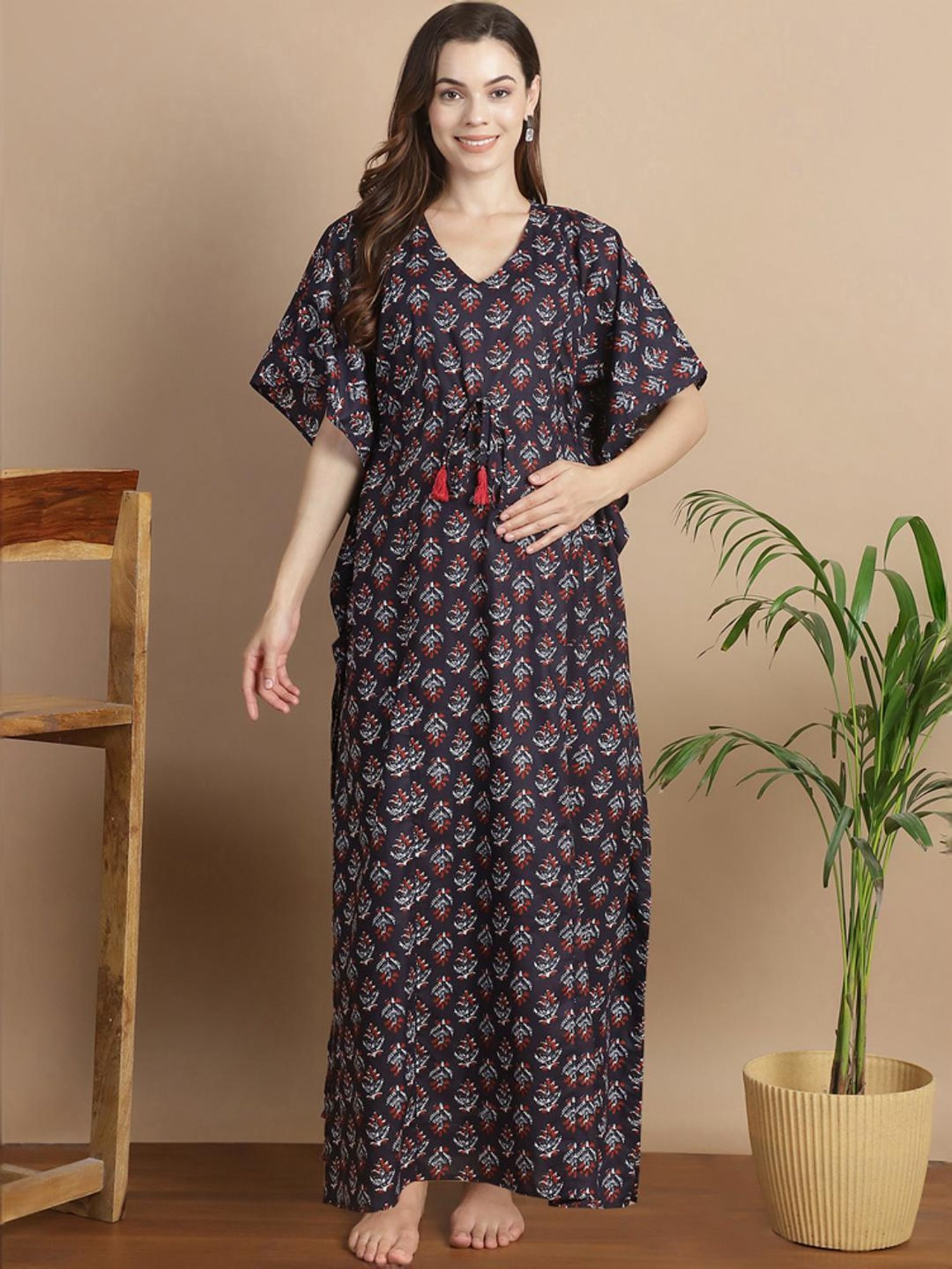 Secret Wish Navy Cotton Floral Print Kaftan