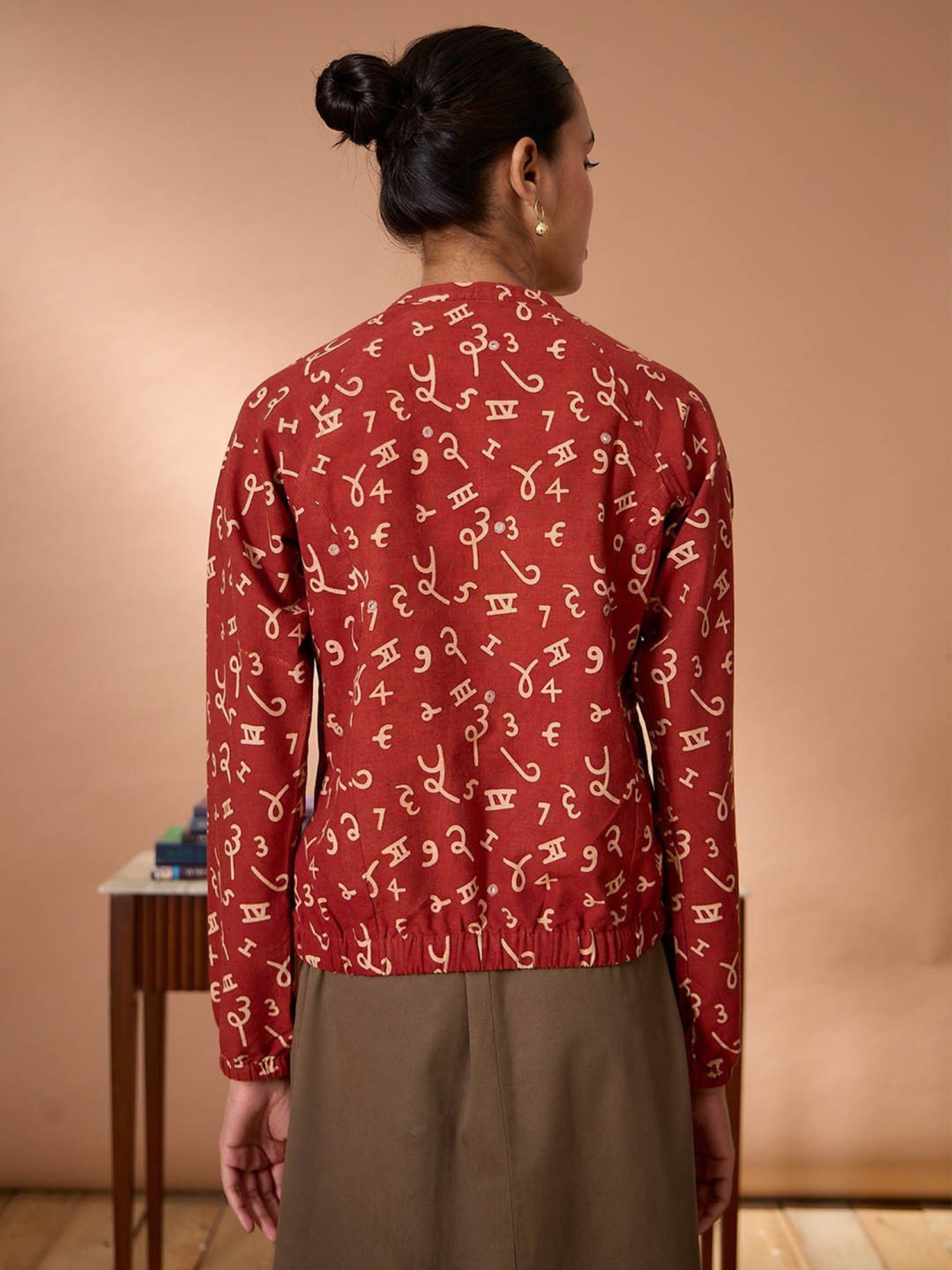 Okhai Maroon Pure Cotton Printed Bomber Jacket