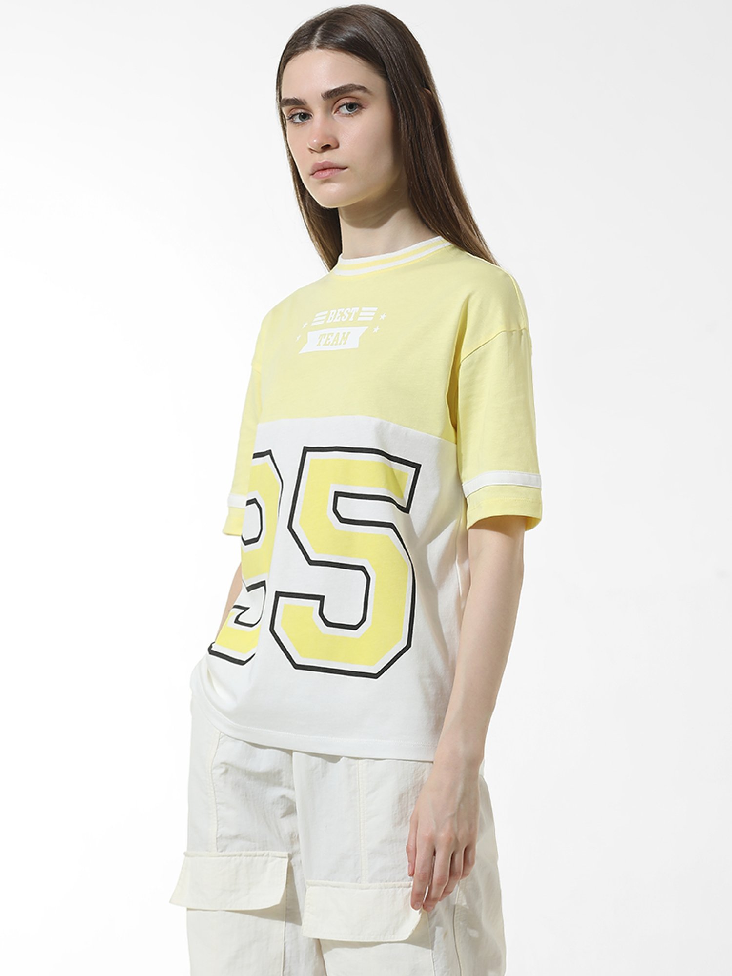 Only Yellow & White Cotton Graphic Print T-Shirt