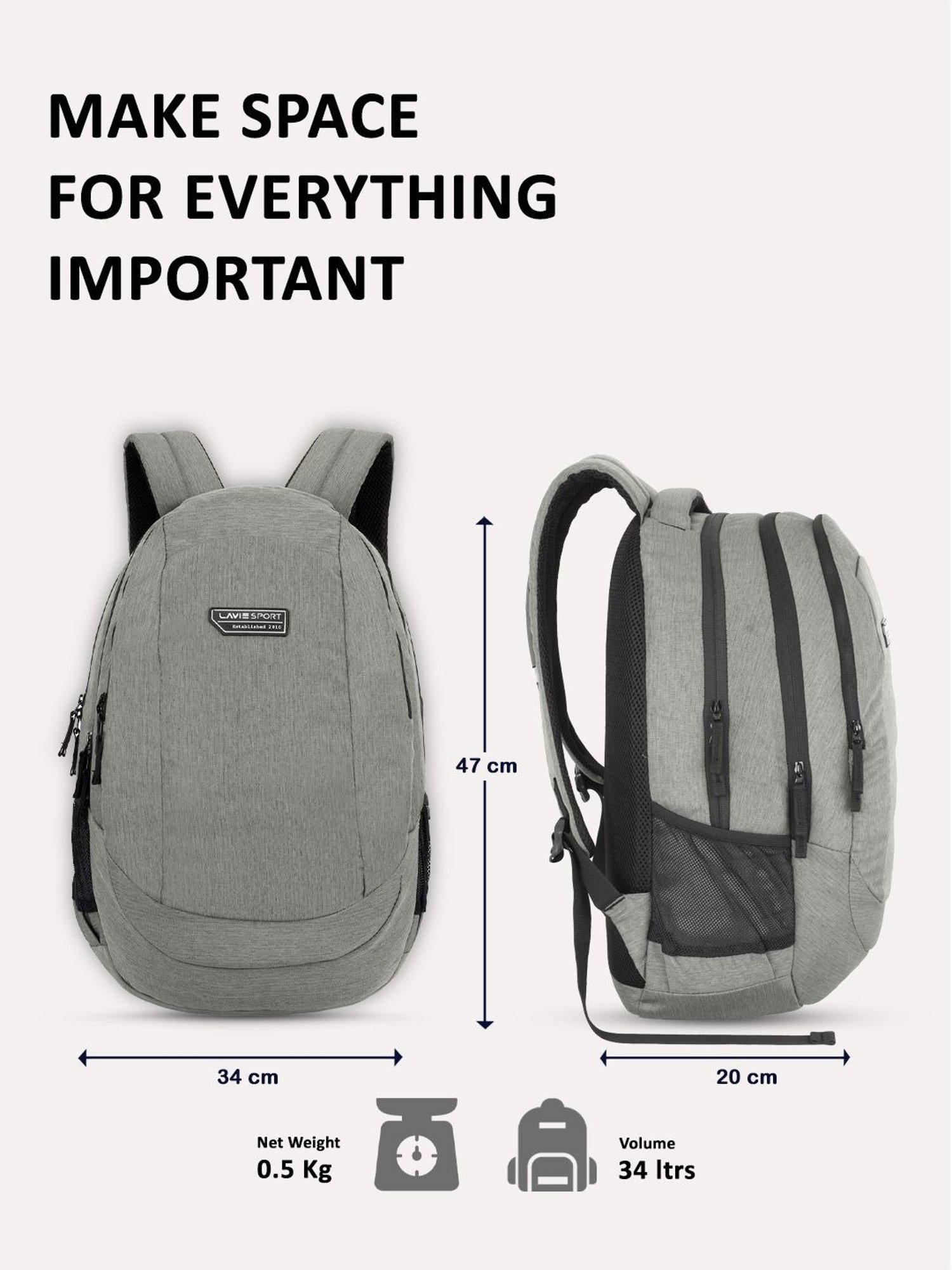 Lavie Sport Peak Grey Polyester Solid Laptop Backpack - 34 Ltrs