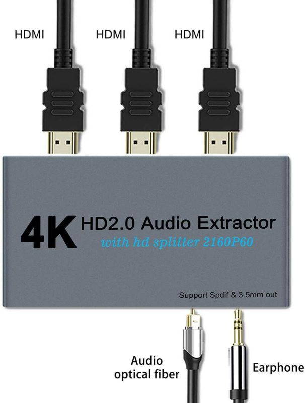 HDMI2.0 Splitter 1 in 2 Out with HDMI 1X2 Audio Extractor + Optical and 3.5mm Audio Output Powered Splitter 1 Source onto 2 Displays Support 3D 4K60HZ for PS4 Xbox One DVD Blu-ray Player TV Projector