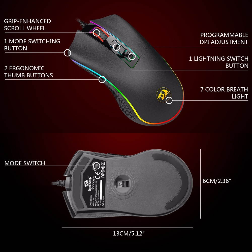 Redragon COBRA M711 Chroma Wired Gaming Mouse 16.8 Million RGB Color Backlit DPI 10000 7 Programmable Buttons Optical LED PC