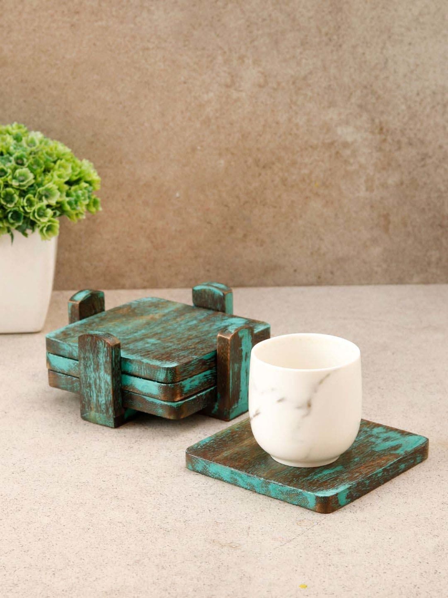 Karo Tapi Printed Multicolor Wood Coasters - Set of 6