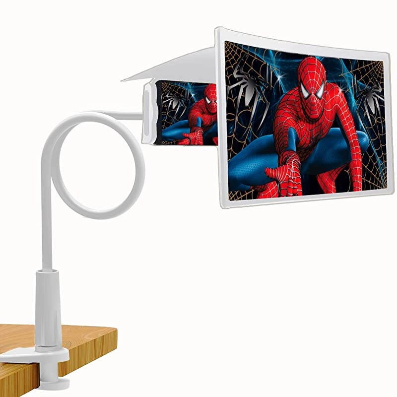 Phone Holder with 12 3D Curve Phone Screen MagnifierHD Screen Magnifier with Adjustable Clamp Lazy Phone Stand Phone Screen Amplifier Enlarger Compatible with for Smartphone Phone White