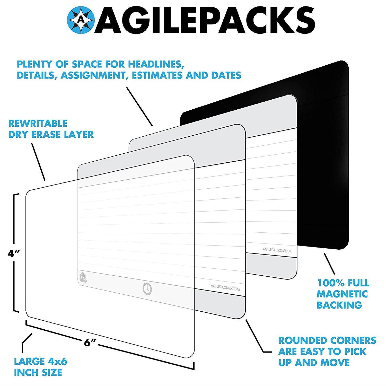 Dry-Erase Planning Card Magnets by AgilePacks for Agile Planning Boards, Scrum, Kanban, Meetings, Productivity | AgilePacks Pro Kit - 40 4x6 Magnetic Planning Cards, Magnetic Cleaning Cloth and Marker