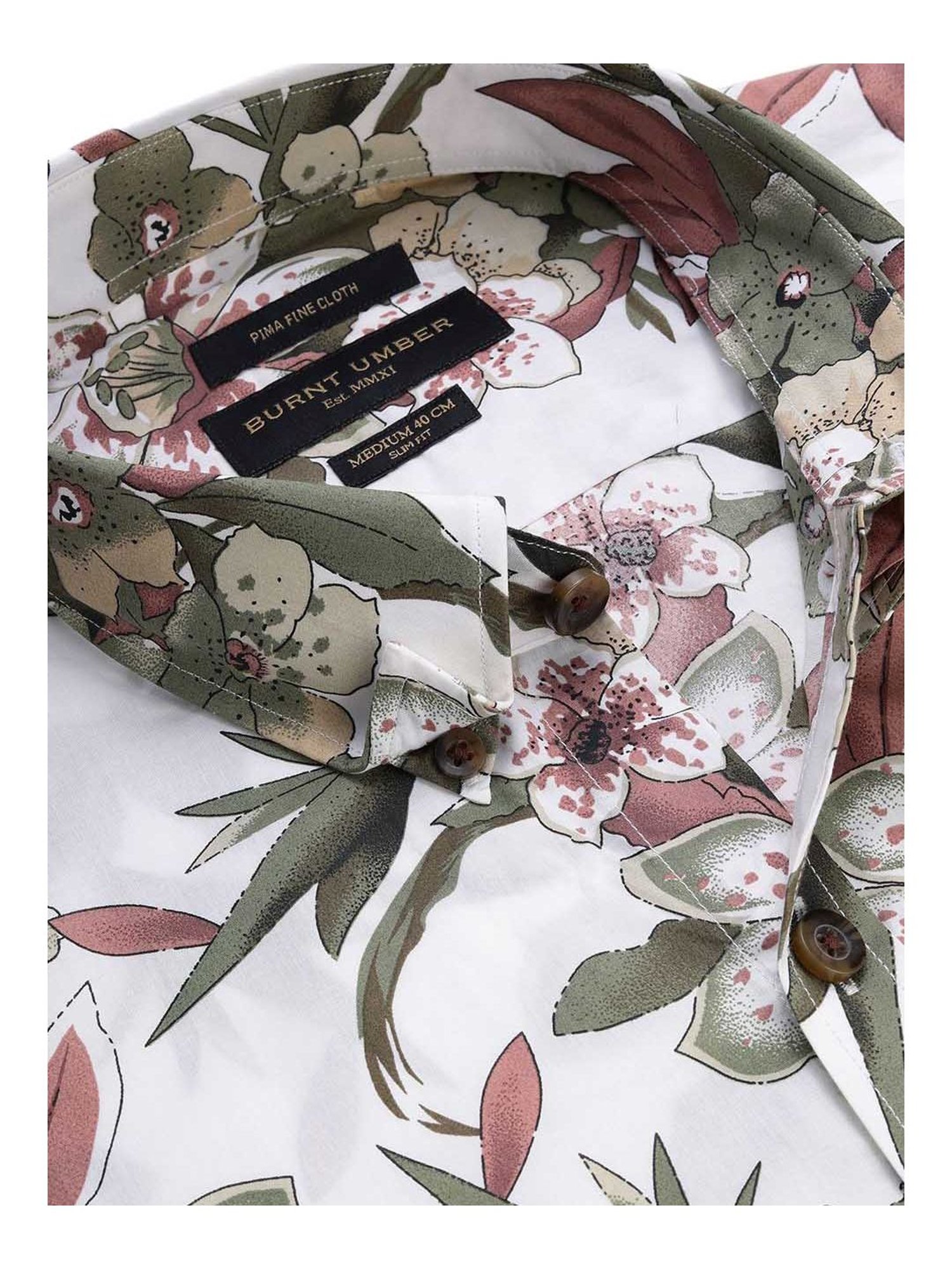 Burnt Umber Green Cotton Regular Fit Floral Print Shirt