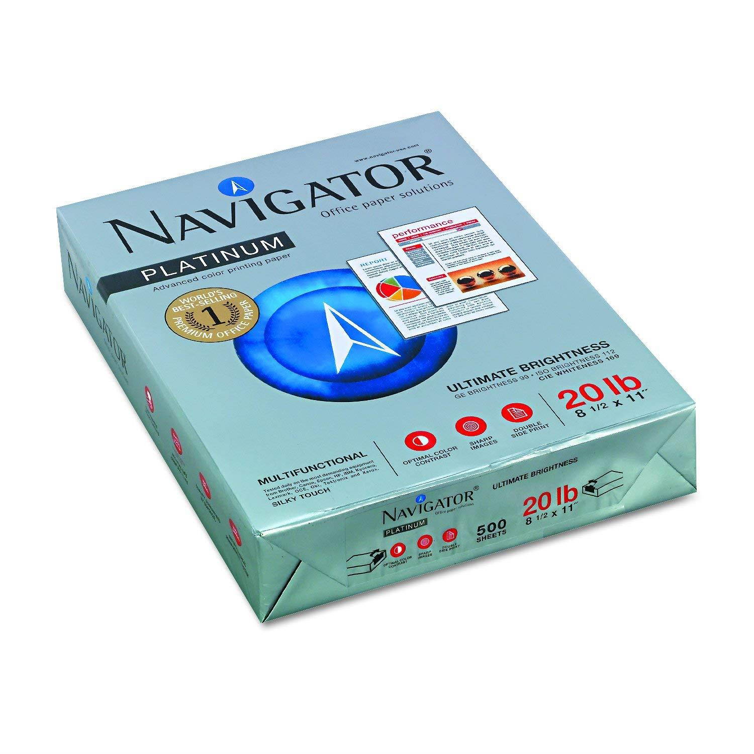 Navigator NPL11205R Platinum Paper, 99 Brightness, 20lb, 8-1/2 x 11, White (Case of 2500 Sheets)