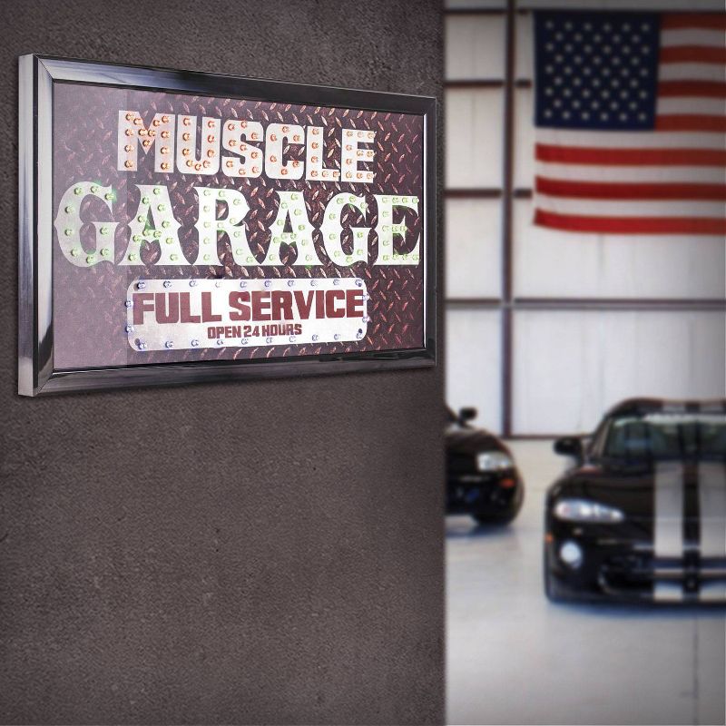 Muscle Garage Full Service Open 24 Hours Framed LED Sign Gray/Brown - Crystal Art Gallery