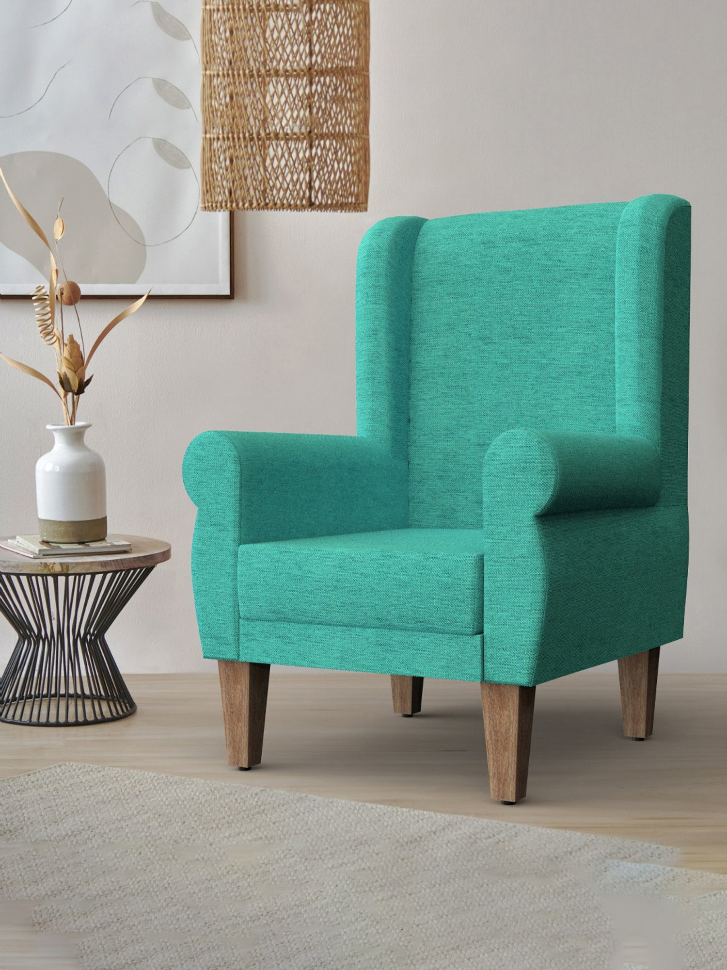 Chumbak Maldivian Solid Green Sheesham Wood Begum Wing Chair